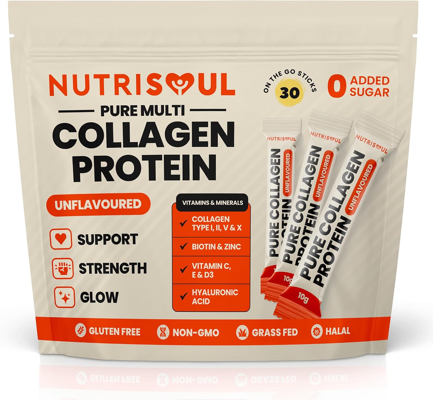 Multi Collagen Powder | 100% Natural, Hydrolysed Bovine & Marine Collagen Peptides Types I, II, III, V & X | 30 Pack | 8 Essential Amino Acids | Halal, Kosher & Gluten Free