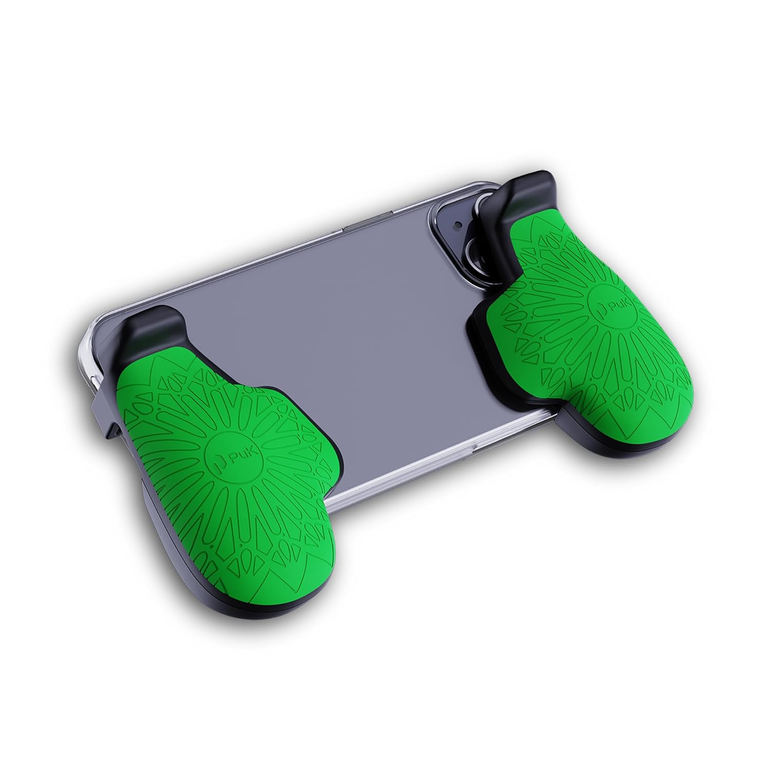 PUK Mobile Gaming Grip, Ergonomic Phone Game Handle that Reduces Hand Fatigue, Black and Green with 3M Adhesive Pads, Controller Grip for iPhone and Android, Part of the Mobile Gaming System