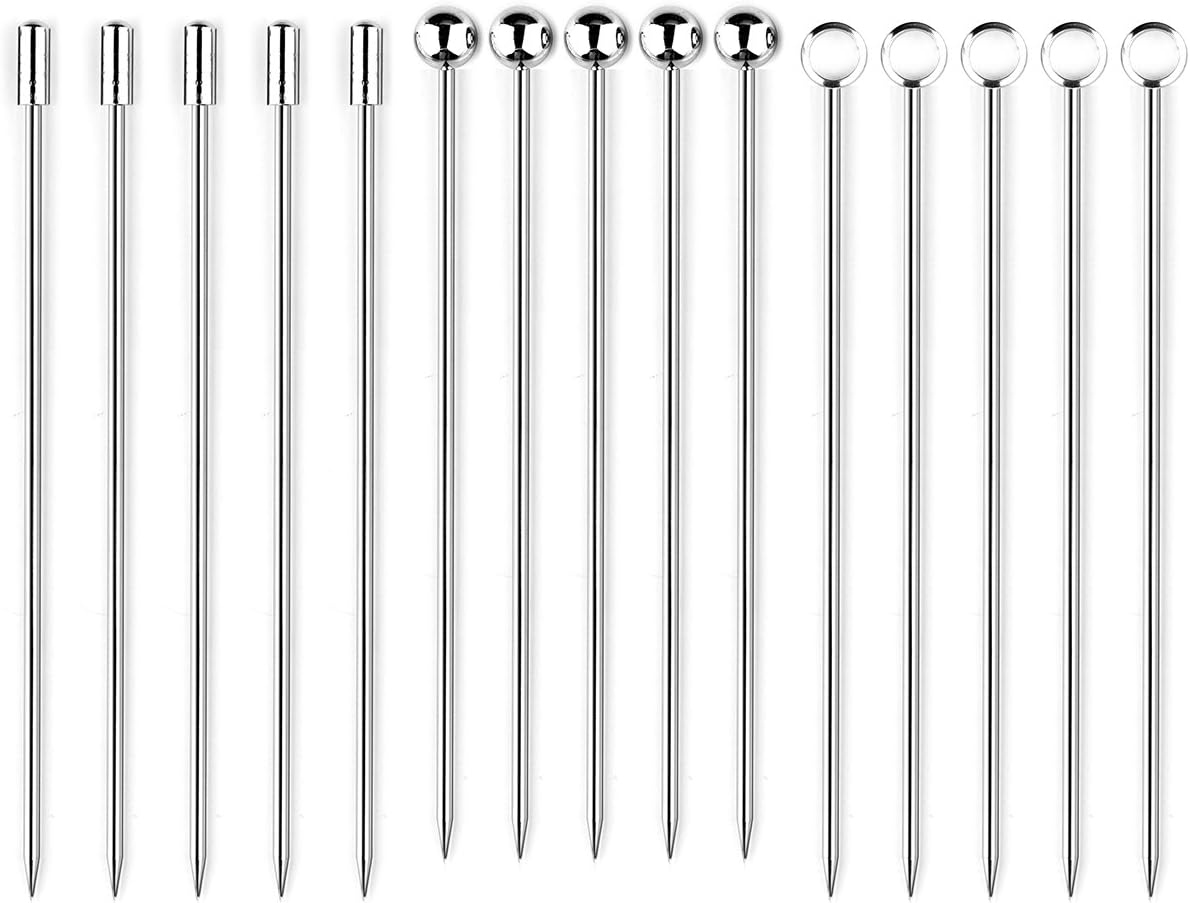 I-MART 15 Pack Stainless Steel Cocktail Picks Martini Olive Skewers, Reusable Metal Garnish Sticks for Drinks, Appetizers, Bloody Mary, Olives, Citrus, Fruit Decor (Silver, 4.25 Inch)
