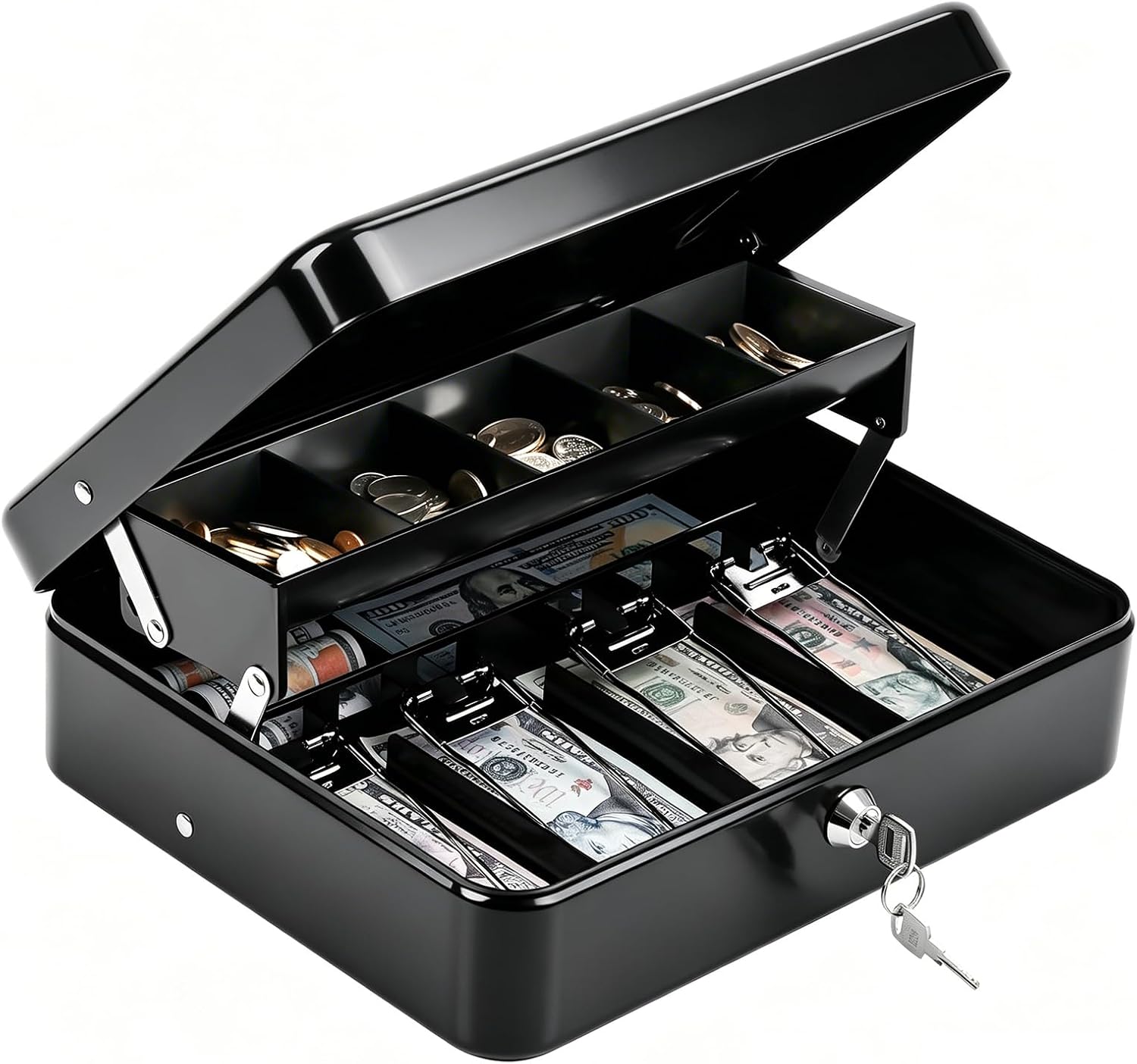 KYODOLED Cash Box with Money Tray and Key Lock, 1mm Thick Metal Cash Drawer