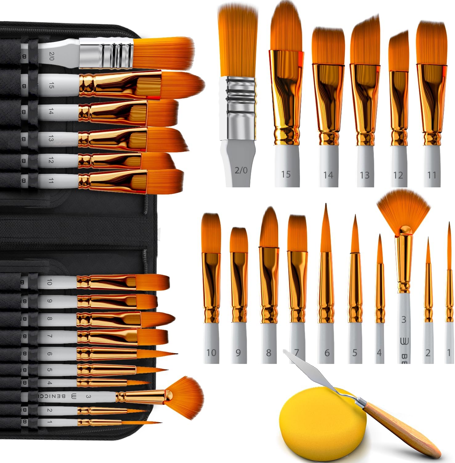 BENICCI Paint Brush Set of 16 - 15 Different Shapes + 1 Flat Brush - with Pallete Knife and Sponge - Nylon Hair and Ergonomic Non Slip Matte Silver Handles - with Standable Organizing Case & Tinbox