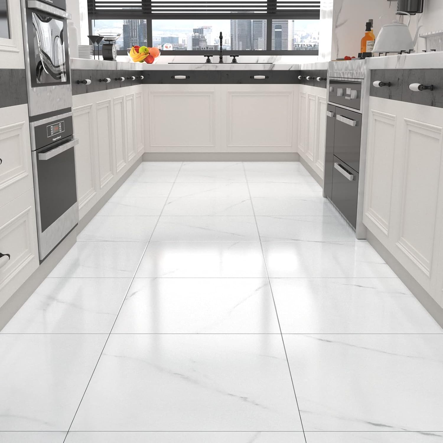 Marble White Peel and Stick Floor Tile Bathroom 12" x 12" Marble Tile Stick on Floor Tiles Self Adhesive Vinyl Flooring Waterproof Flooring Tiles for Kitchen Bedroom Living Room 10 PCS