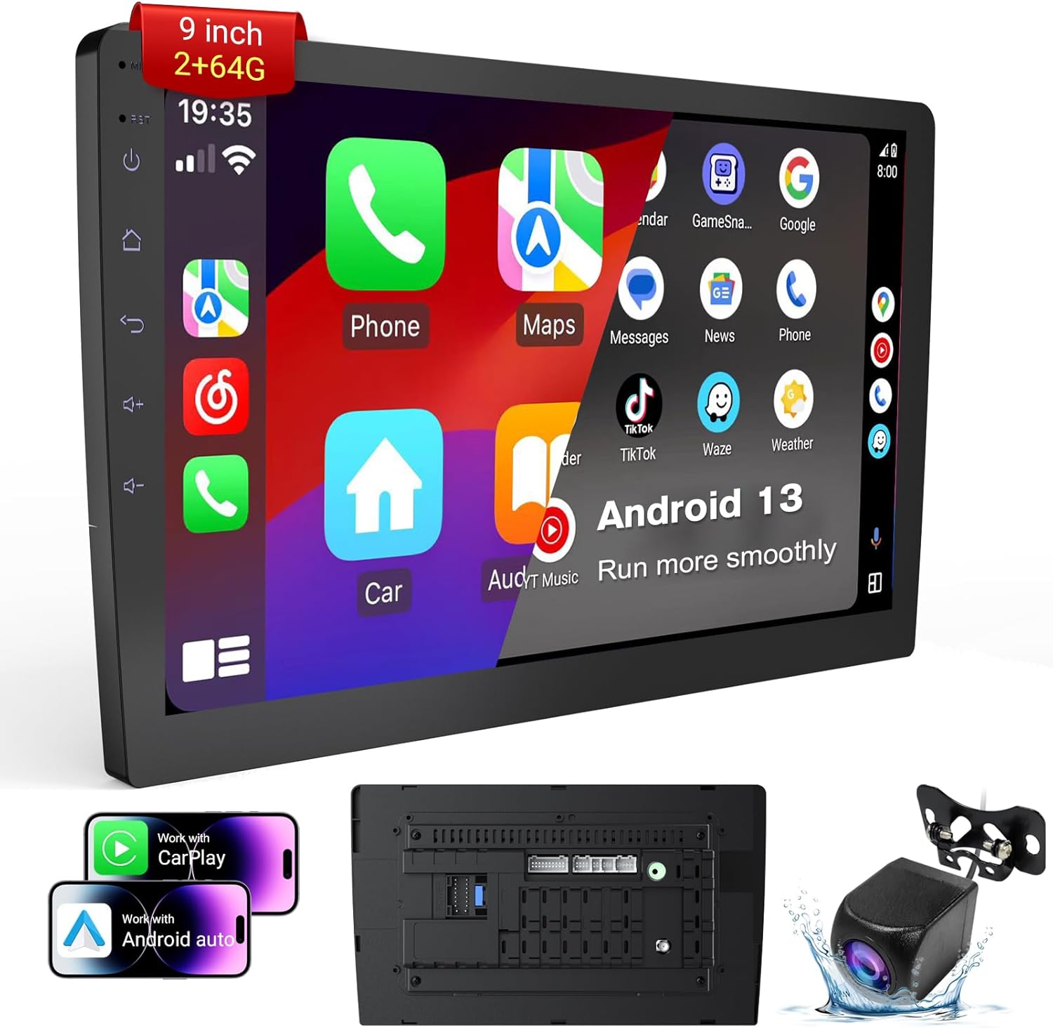 Wireless Double Din Car Stereo with 9" HD Touchscreen | CarPlay & Android Auto | Backup Camera | Bluetooth GPS Navigation | FM/AM | All Vehicles