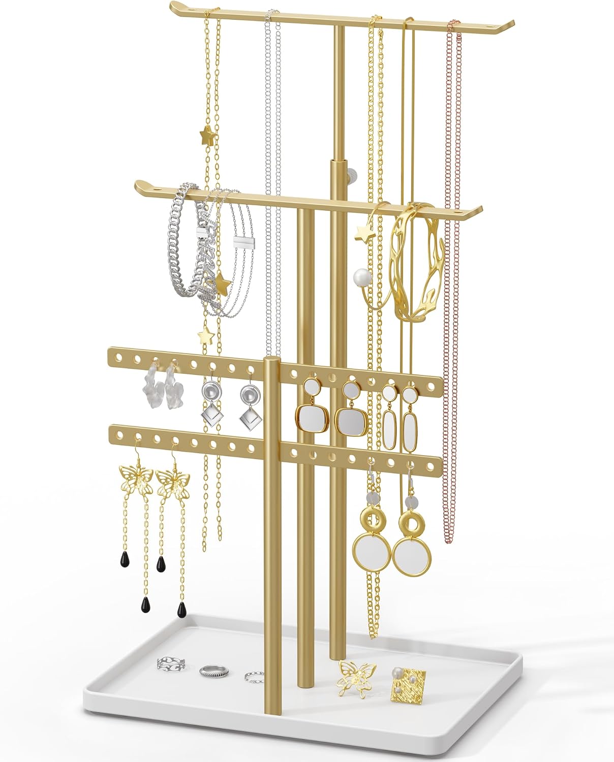Jewelry Holder Organizer Stand - Adjustable Jewelry Tree 17.5" Height (Max), Jewlery Hanger for Necklaces, Bracelets, Earrings, Aesthetic for Storage and Display, Metal, Gold and White
