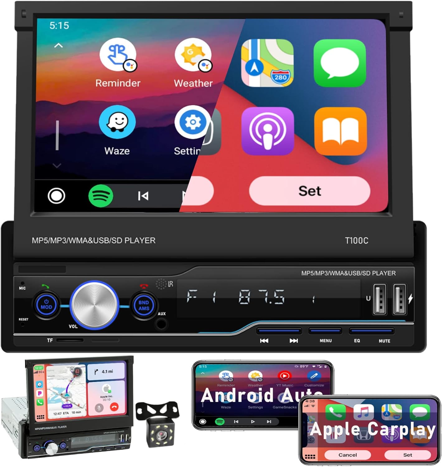7 Inch Single Din Car Stereo, Apple Carplay Android Auto Flip Out Car Touchscreen Radio with Bluetooth,Mirror Link,Backup Camera, USB/AUX Input,AM/FM