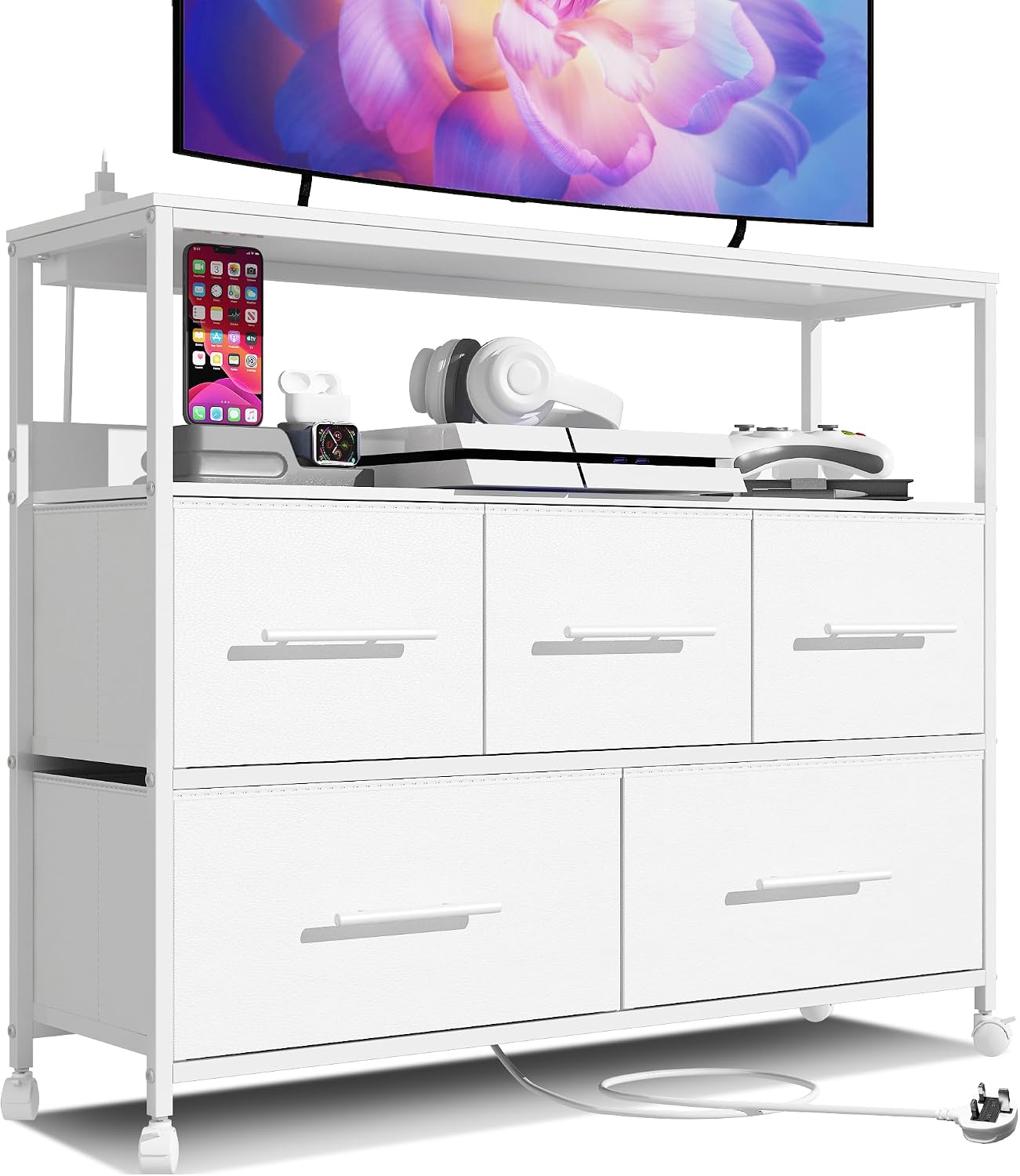 MIKIICOCO Chest of Drawers with Charging Station, Bedroom Dresser with 5 Fabric Drawers, TV Stand with Storage Shelf, 4 Castors and Metal Frame (White)