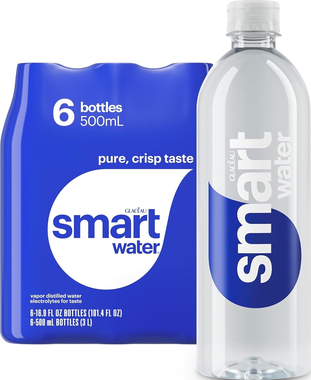 smartwater Vapor Distilled Water Bottles, 16.9 fl oz, 6 Pack | Purified water with antioxidant selenium, and electrolytes like potassium, magnesium and calcium