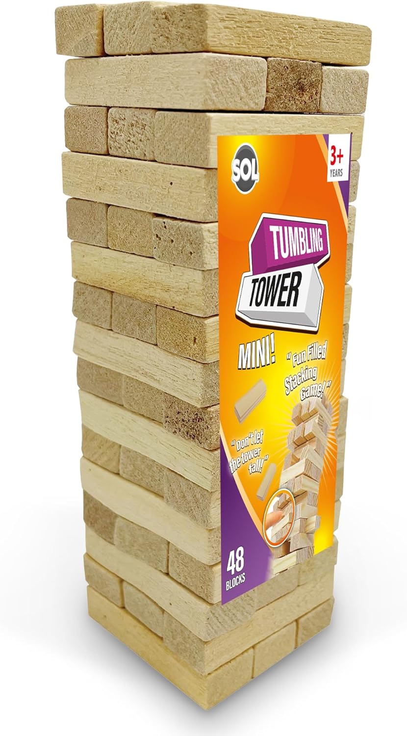 SOL Mini Tumble Tower, Wooden Stacking Tumbling Blocks, Balancing Game for Kids and Adults, Travel Size Classic Table Entertainment, Indoor and Outdoor Fun for Family, Children and Friends