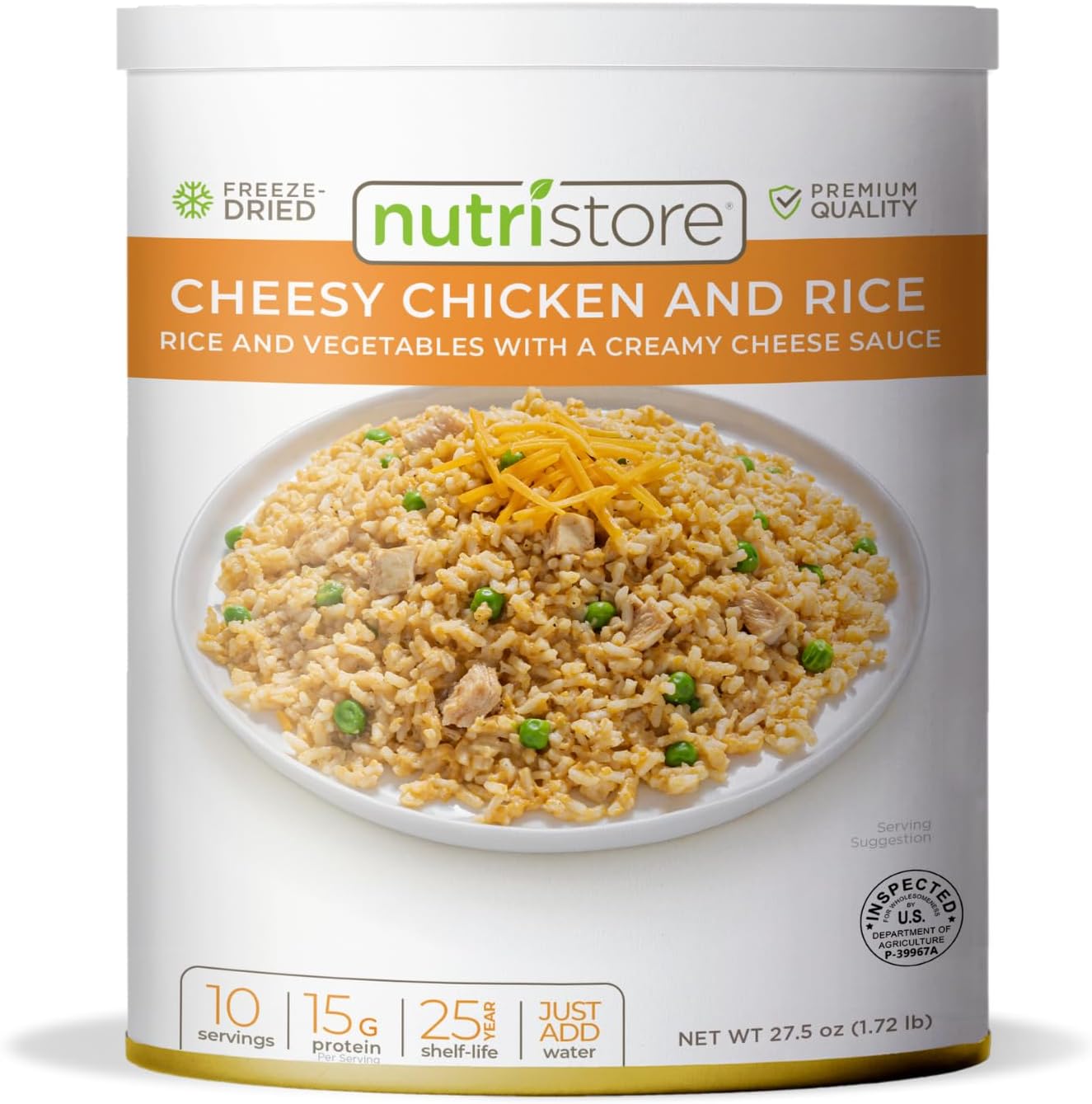 Nutristore | Freeze-Dried Cheesy Chicken and Rice | Emergency Survival Bulk Food Storage Meal | Perfect for Everyday Quick Meals and Long-Term Storage | 25 Year Shelf Life | USDA Inspected