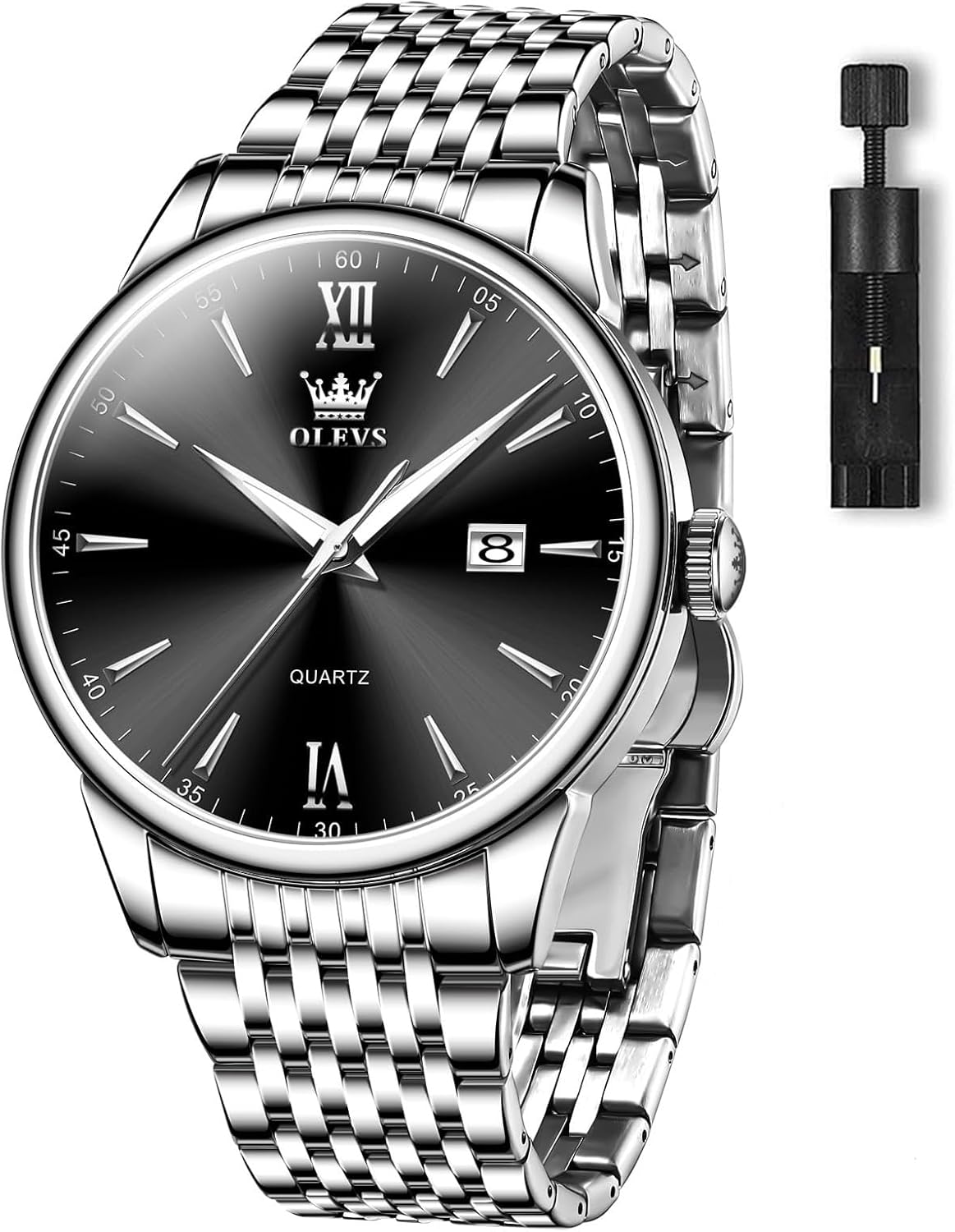 OLEVS Stainless Steel Classic Watches, Large Face Quartz Dress Watches for Men, Easy to Read Men's Waterproof Watch with Day and Date, Blue/Black/Silver/Gold/Grey Dial
