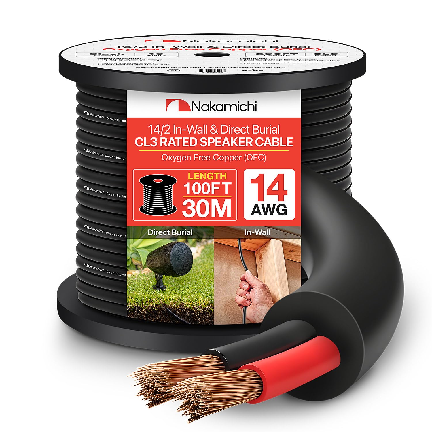 Nakamichi 14/2 (100-Foot) In-Wall & Direct Burial (UL CL2 CL3 Rated) 99.9% Oxygen-Free Copper (OFC) 2-Conductor Speaker Cable Wire, Outdoor In Ground, In Ceiling, Black (14AWG / 100ft / 30.48m)