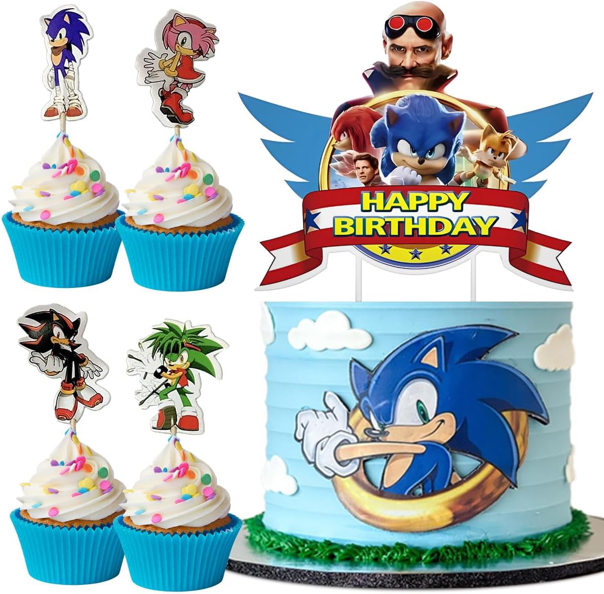 Sonic Cake Toppers – 1 Giant Cake Topper & 24 Sonic Cupcake Toppers | Sonic Cake Decorations, Sonic Party Decorations for Boys Birthday