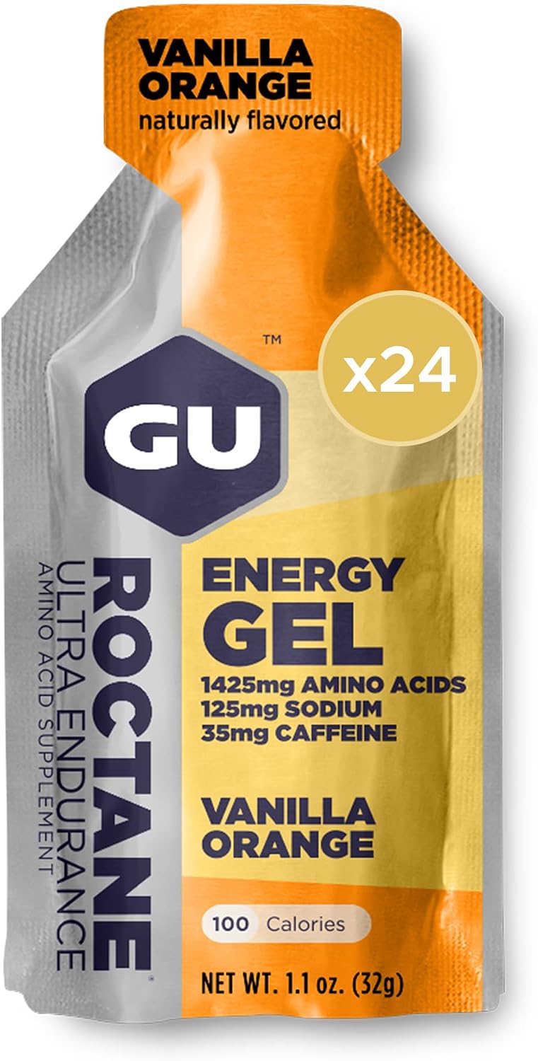 GU Energy Roctane Ultra Endurance Energy Gel, Vegan, Gluten-Free, Kosher, and Dairy-Free On-The-Go Sports Nutrition for Running, Biking, Hiking or Skiing, Vanilla Orange (24 Packets)