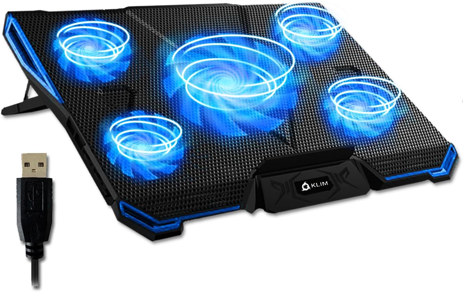 KLIM Cyclone Laptop Cooling Pad - 5 Fans Cooler - No More Overheating - Increases PC Performance and Life Expectancy - Ventilated Support for Laptop PS5 and PS4 - Blue