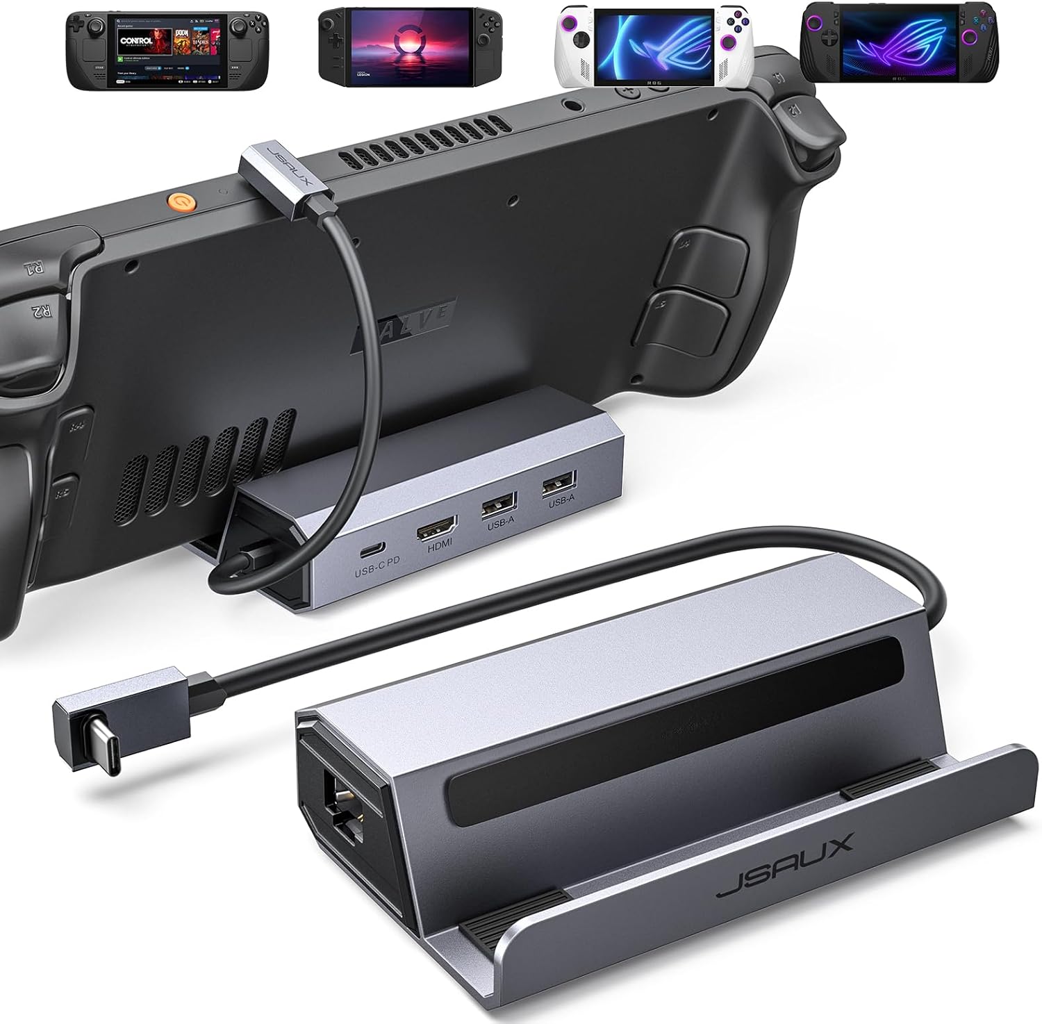 JSAUX Steam Deck Dock, 5-in-1 Docking Station Compatible with Steam Deck/OLED/ROG Ally/Legion Go, Steam Dock with HDMI 2.0 4K@60Hz, 100Mbps Ethernet, Dual USB A 2.0 and 100W USB C Port-HB0602