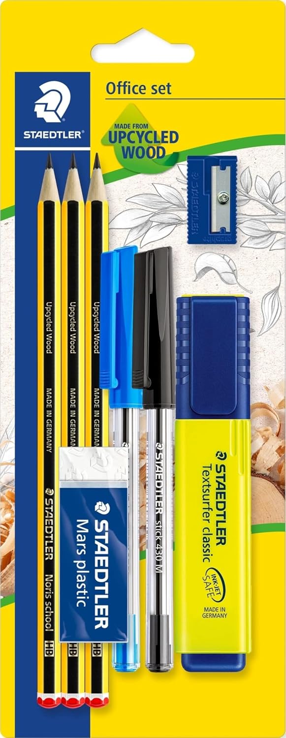 STAEDTLER 60 BK-4 Noris Office Set - Assorted Stationery Pack with 3 Graphite Pencils, 2 Pens, Highlighter, Eraser & Sharpener