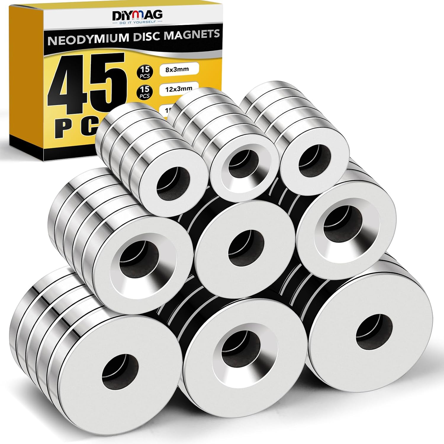 DIYMAG Strong Neodymium Disc Magnets, Rare Earth Magnets with Hole for Kitchen Cabinet, Tool Storage, Office and Crafts, Disc Button Magnet, 0.32 inch & 0.47 inch & 0.59 inch Diameter, 45 PCS