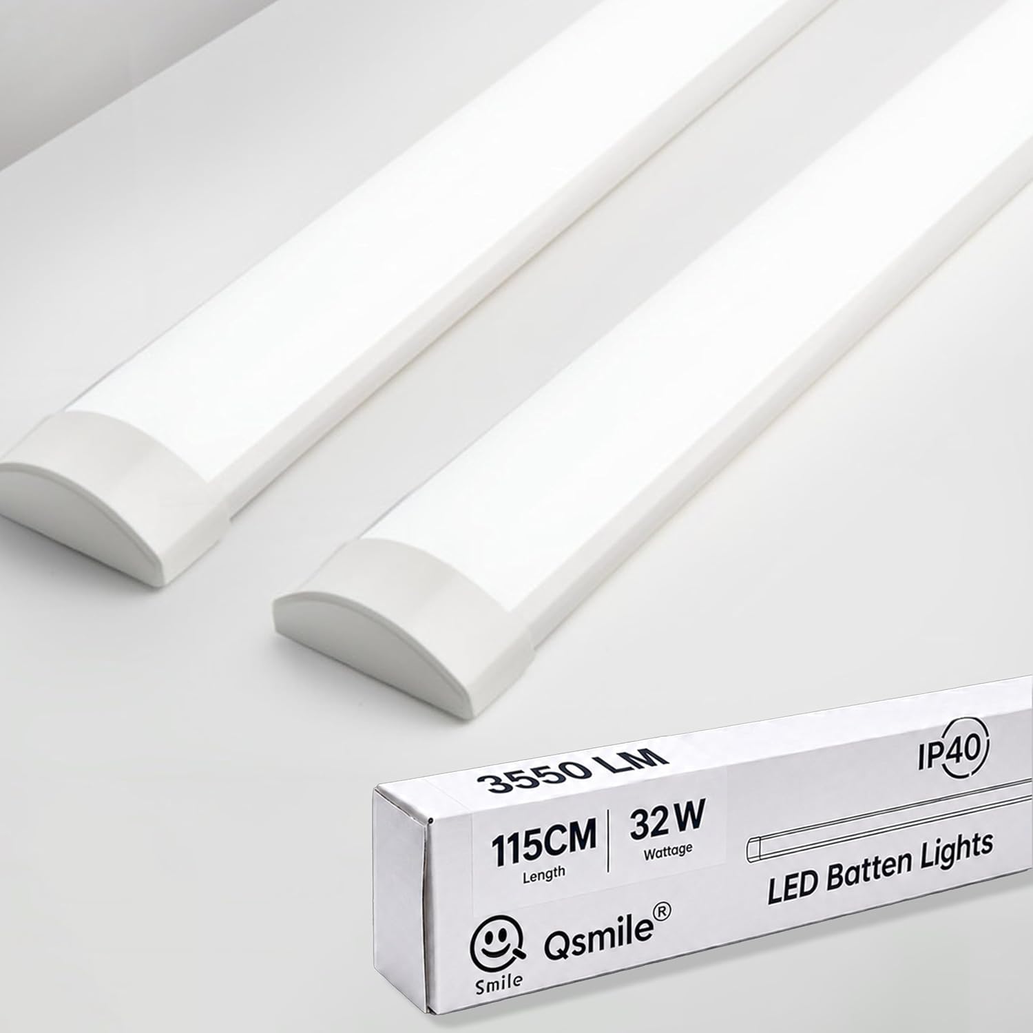 2-Pack LED Batten Light 4ft 115cm, Integrated PC Insulation Body, 32W 6500K | Class E Energy Rating Bright Cold White LED Tube Lights, Easy to Install for Office, Warehouse, Garage, Basement, Workshop