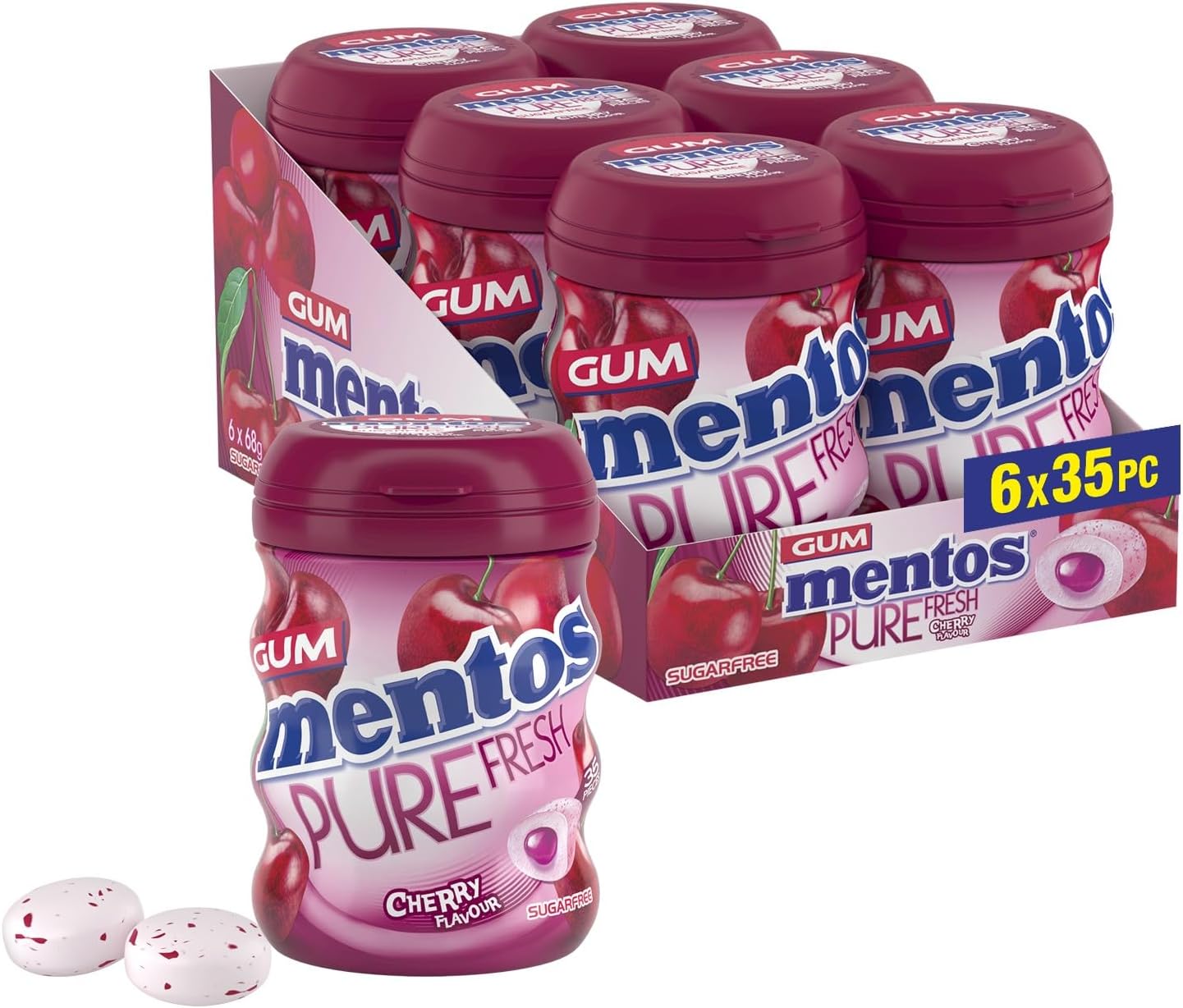 Mentos Pure Fresh Cherry Chewing Gum 35 Pieces – Sugar-Free, Bursting with Cherry Flavor, Refreshing, On-the-Go, with Xylitol, 90 g (Pack of 6)