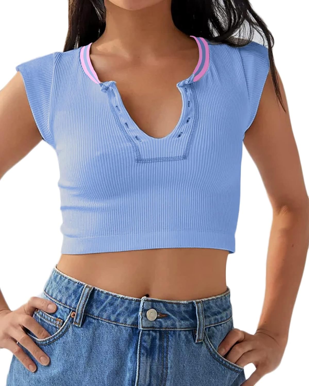 Beumissy Women's Crop Top Crew Neck T-Shirt Short Sleeve Ribbed Knit Basic Crop Tank Top