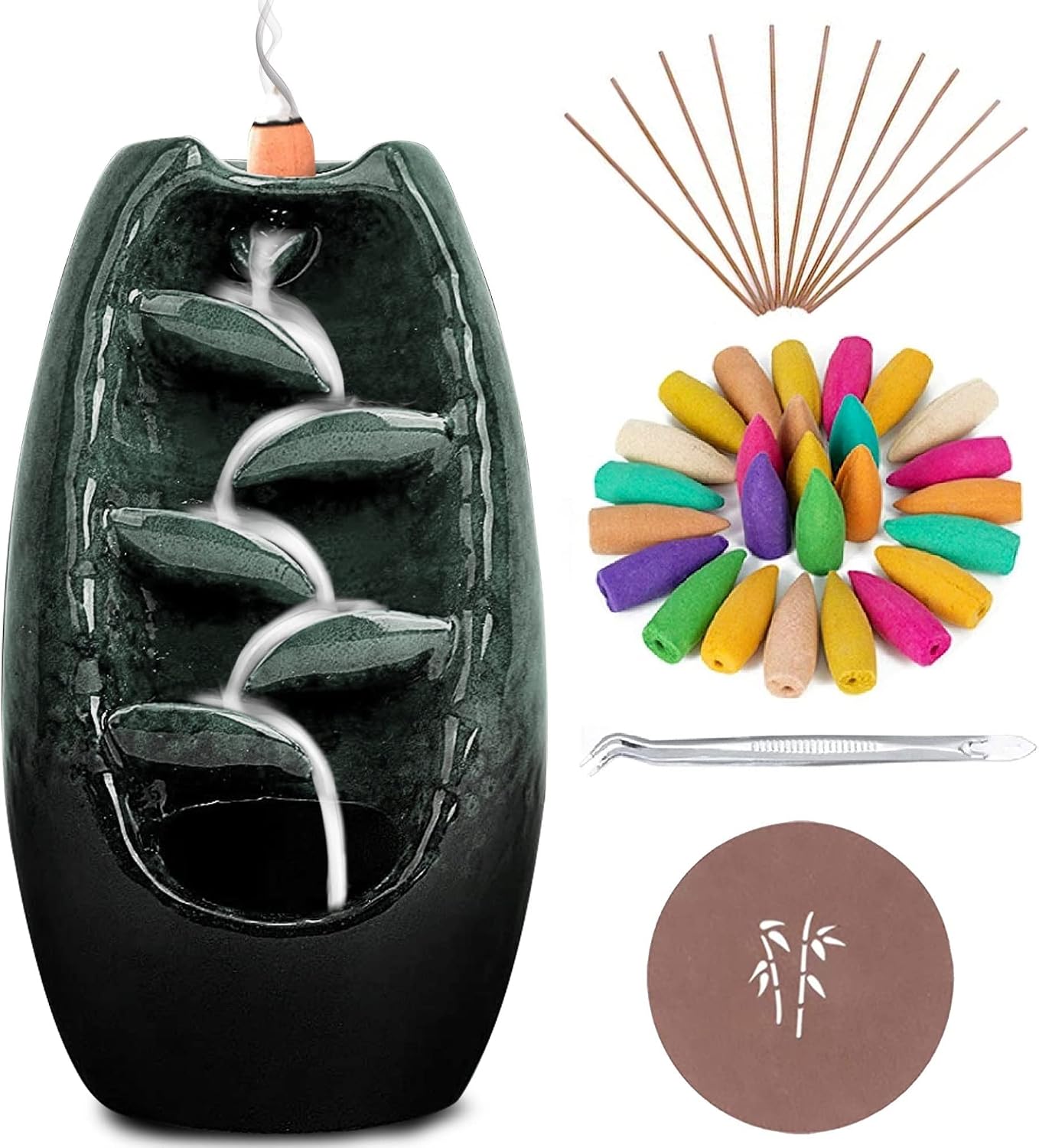 Anbar Backflow Incense Burner with 120 Cones, 30 Sticks, Tongs, and Table Mat, Natural Aromatherapy with Ceramic Smoke Waterfall, Supports Meditation and Relaxation, Home Decor (Green)