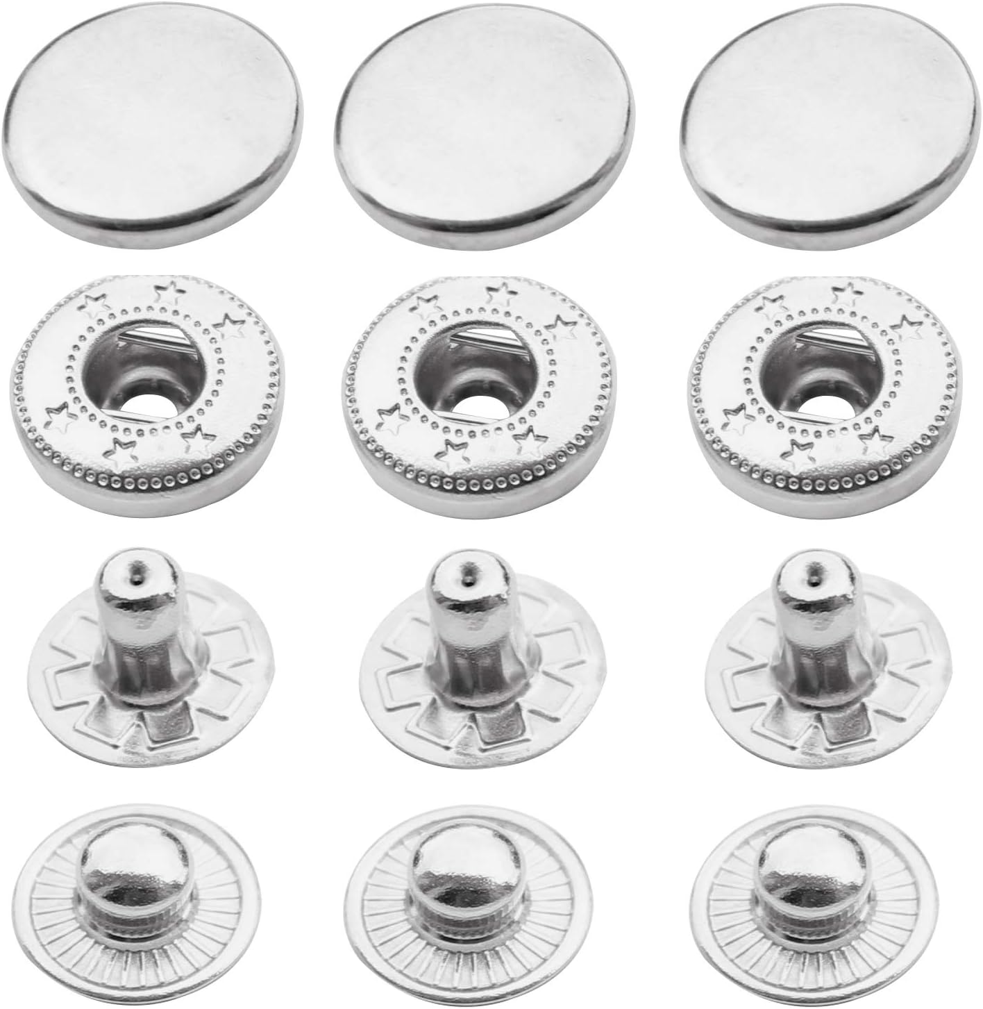 Trimming Shop S Spring Press Studs 4 Part Metal Snaps Durable Lightweight Fasteners for Jeans, Leather Craft, Sewing, Clothes Repair, 15mm, Silver, 10pcs