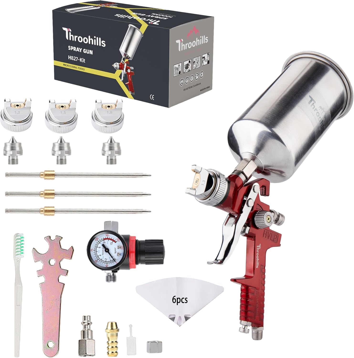 HVLP Automotive Paint Sprayer Gun, 1.3/1.5/1.8mm Air Paint Sprayer with Air Regulator 6PCS Paint Strainers and Cleaning kit,Suitable for Auto Paint, Base Coat & Touch Up（Red）