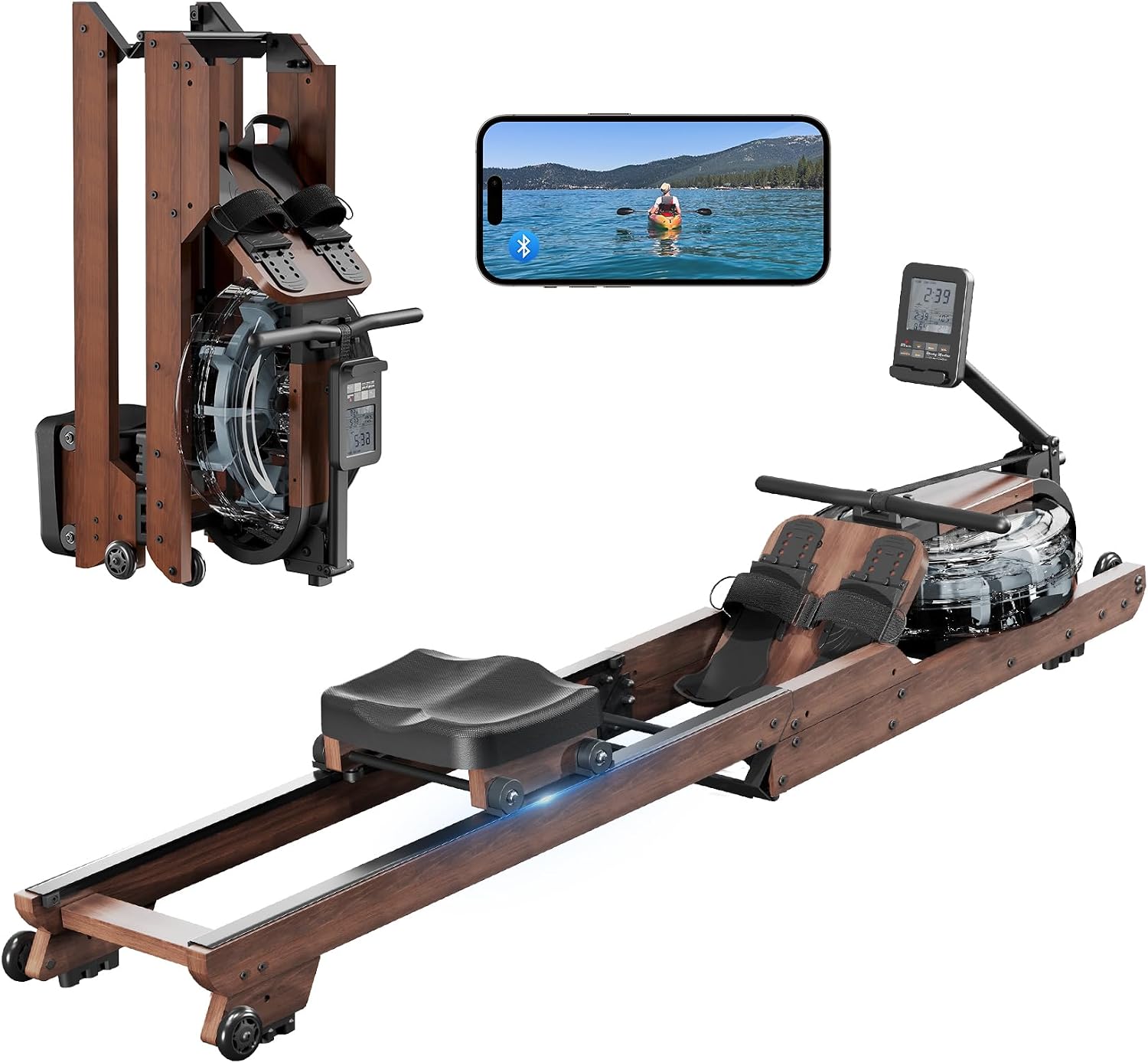 Dripex Water Rowing Machine, Foldable Home Rowing Machine with Bluetooth App, Solid Rubber Wood Dual Rail Rower Machine for Home Use, 150kg Weight Capacity, Foldable Rowing Machines for Home Gym UK
