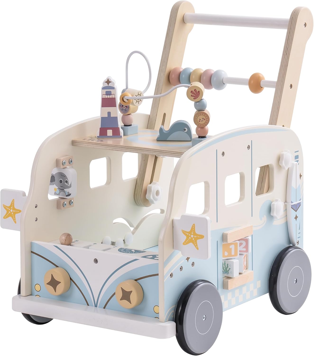 ROBUD Wooden Baby Walker for Toddlers, Wooden Baby Toys Push Along Baby Educational Toy Activity Walkers, Motor Skills Walker Kids Gifts for Boys Girls 10+ Months-1-2 Year Old Babies (Holiday Bus)