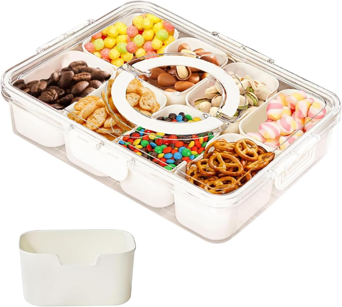 SESAMELESS Snack Tray with Lid and Handle, 8 Compartment Divided Serving Tray Portable Food Snack Container Box Organizer for Food Snack Veggie Candy Spice for Kitchen Fridge Container