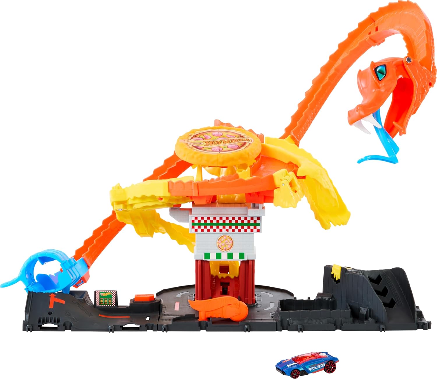 Hot Wheels Let's Race Netflix - City Toy Car Track Set Age 3+, Pizza Slam Cobra Attack, Snake Tail Spiral Track with Randomizer, 1 Vehicle in 1:64 Scale, HTN81