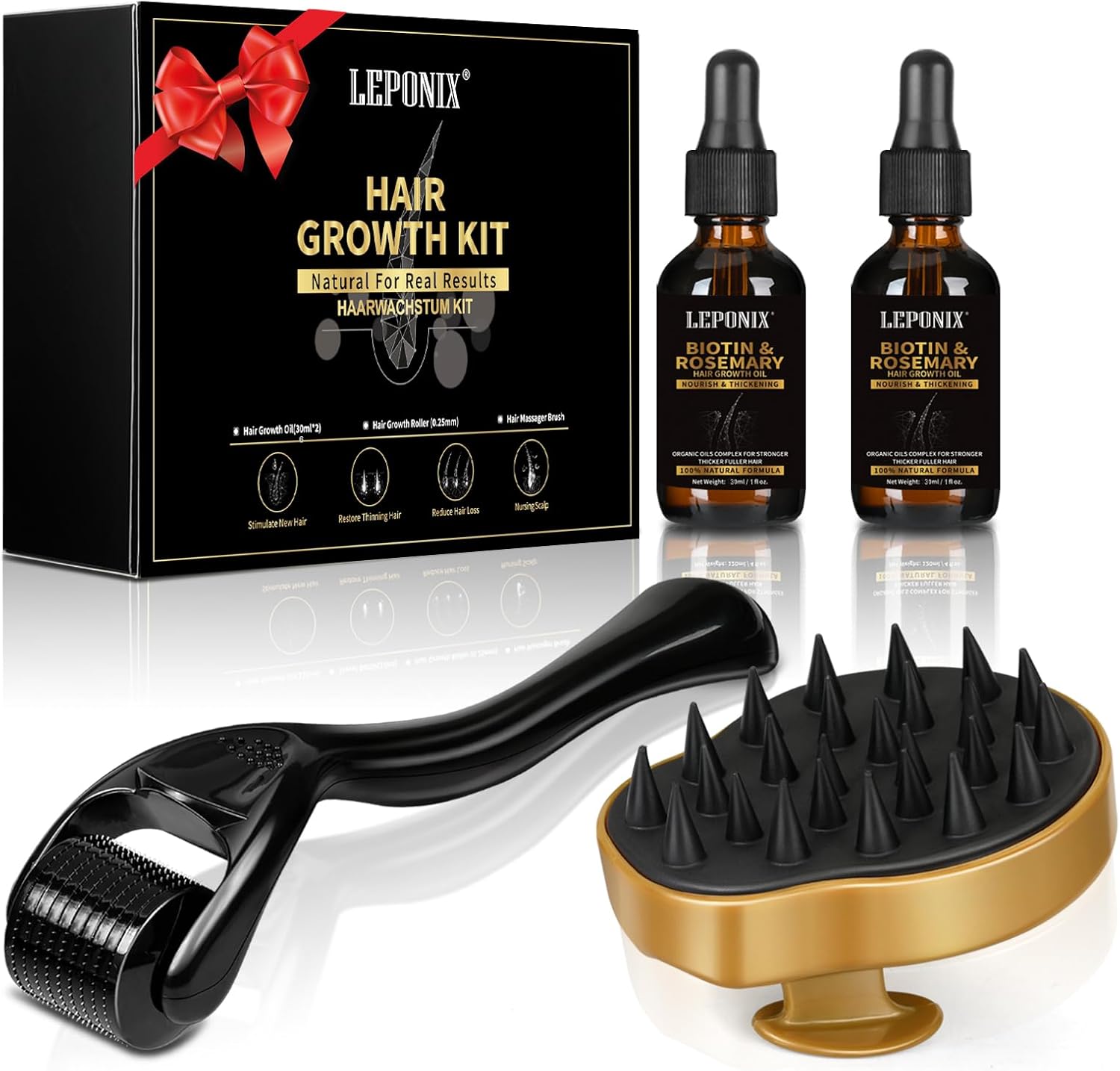 Rosemary Oil for Hair Growth, Diluted Rosemary Oil Hair Growth Serum with Derma Roller & Scalp Massager Hair Thickening Products Hair Loss Treatment for Men Women, Mens Gift Set