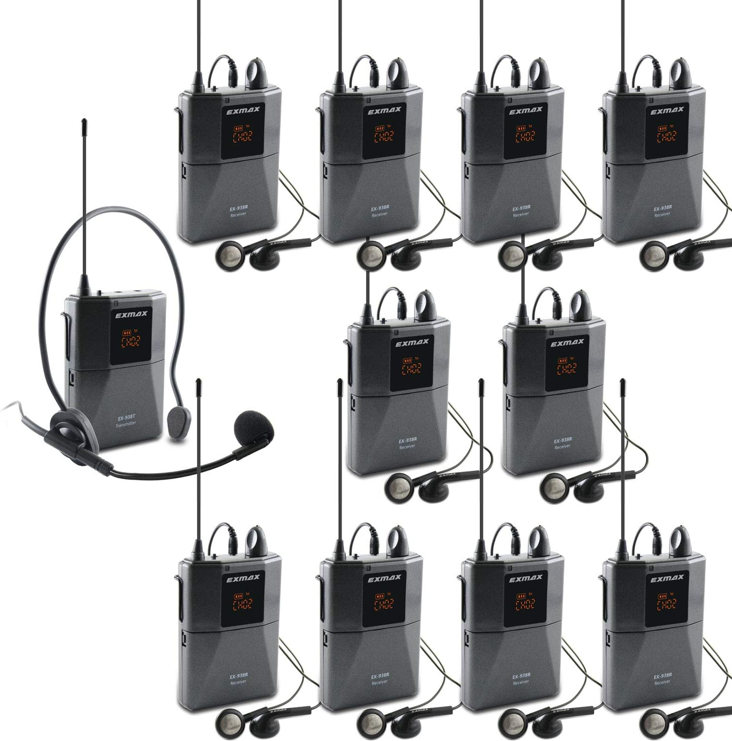 EXMAX UHF-938 UHF Acoustic Transmission Wireless Headset Microphone Audio Tour Guide System for Church Translation Teaching Travel Simultaneous Interpretation Worship- 1 Transmitter and 10 Receivers