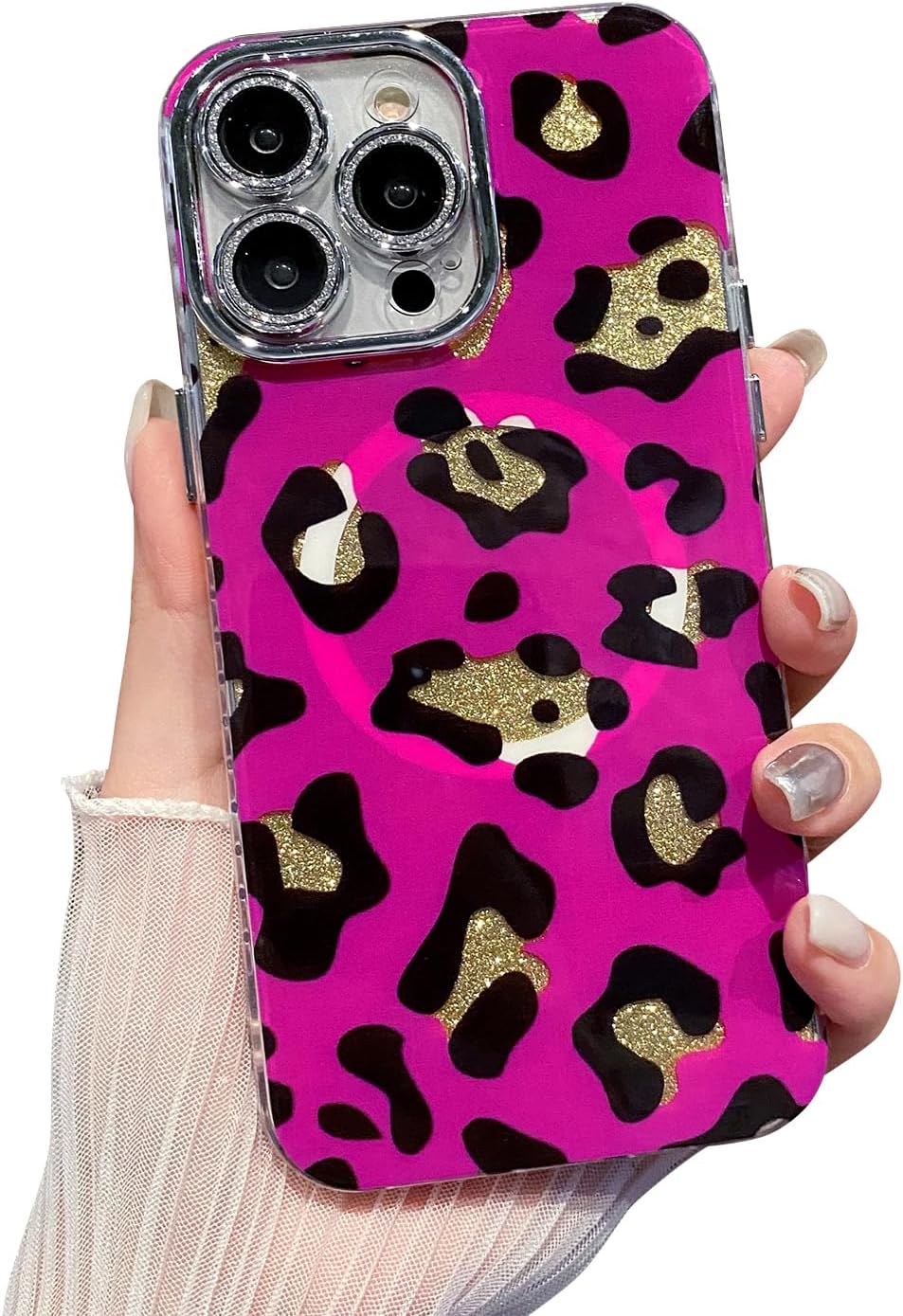 for iPhone 12 Pro Max Strong Magnetic Glitter Case with Luxury Sparkly Camera Lens Protector for Women Girls Soft Shockproof Magsafe Case (Hot Pink)