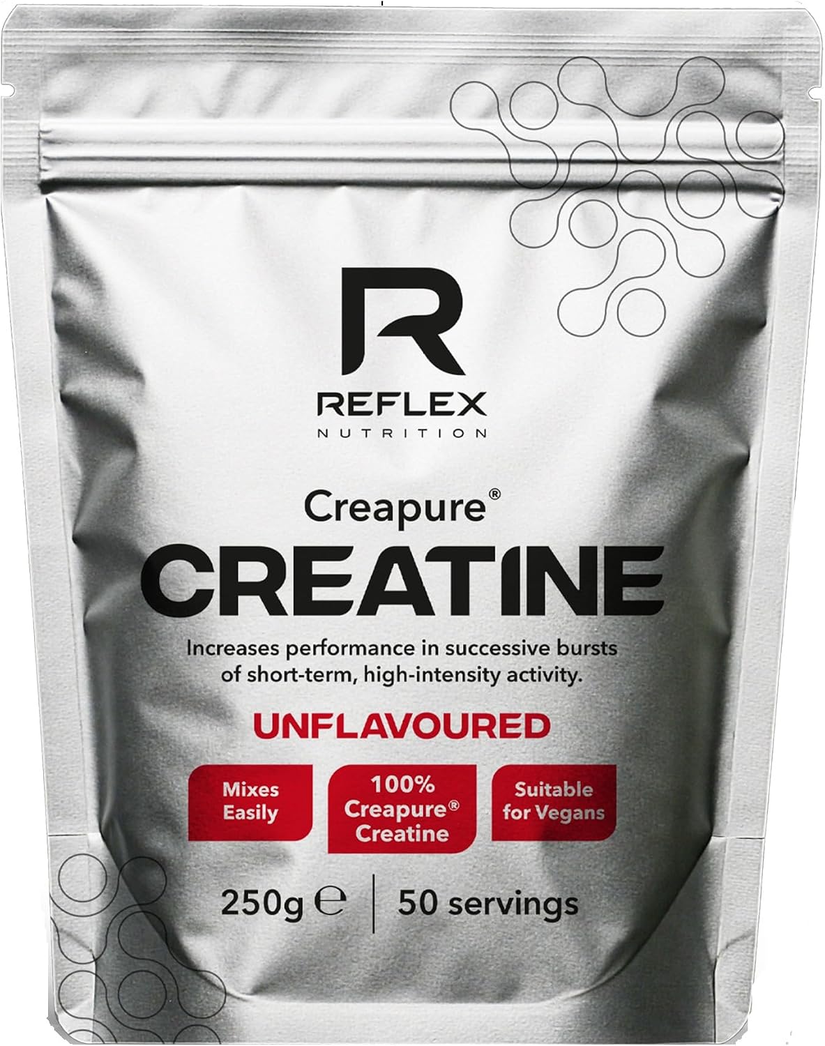 Reflex Nutrition Creapure® Creatine Monohydrate Powder Unflavoured - 100% Creatine for Strength, Muscle Gains & Recovery - No Fillers or Additives - 250g (Vegan Creatine 5g per Serving, 50 Servings)