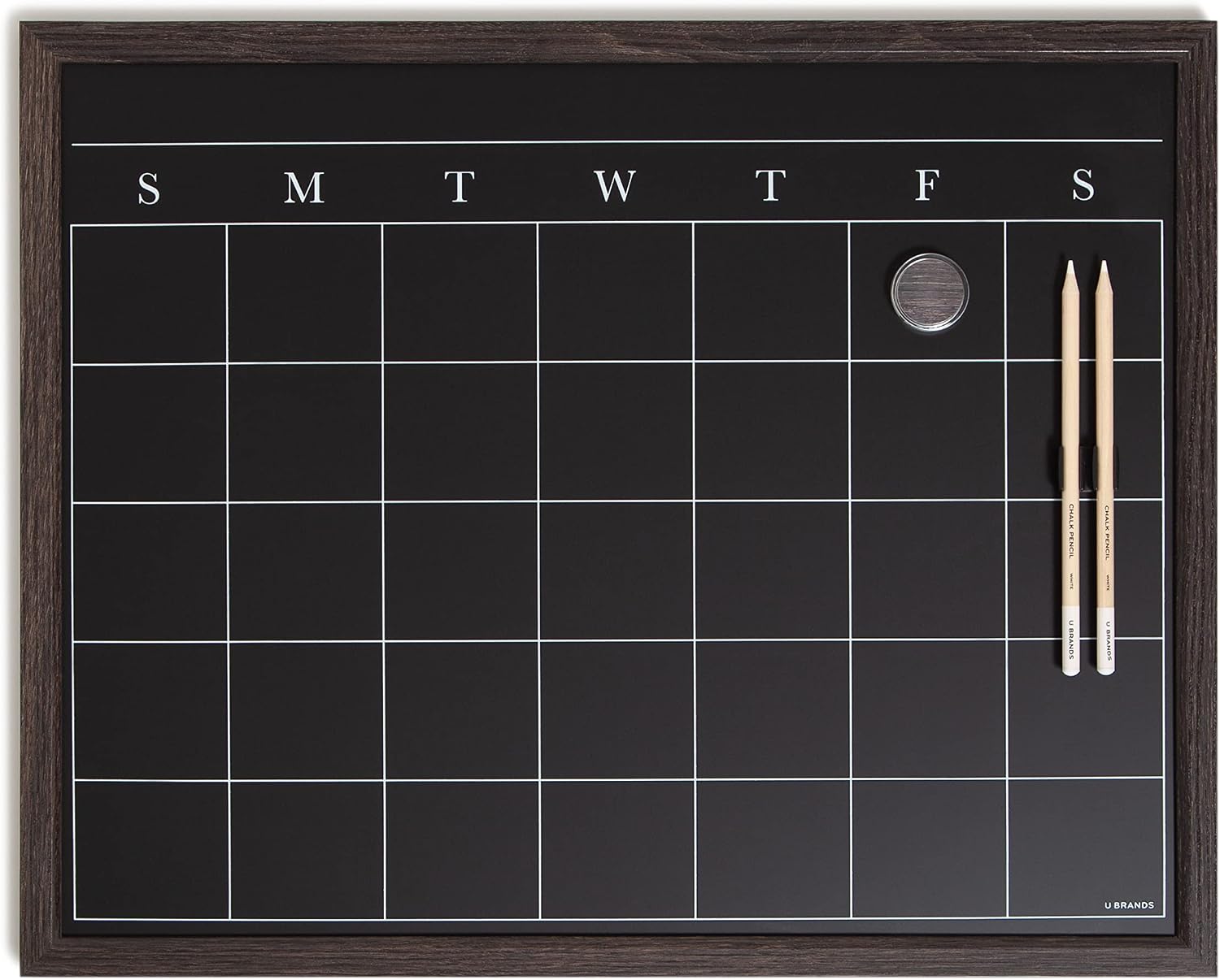 U Brands Magnetic Chalk Calendar Board, 20"x16", Rustic Wood Style Frame, includes Chalk Pencils and Magnet