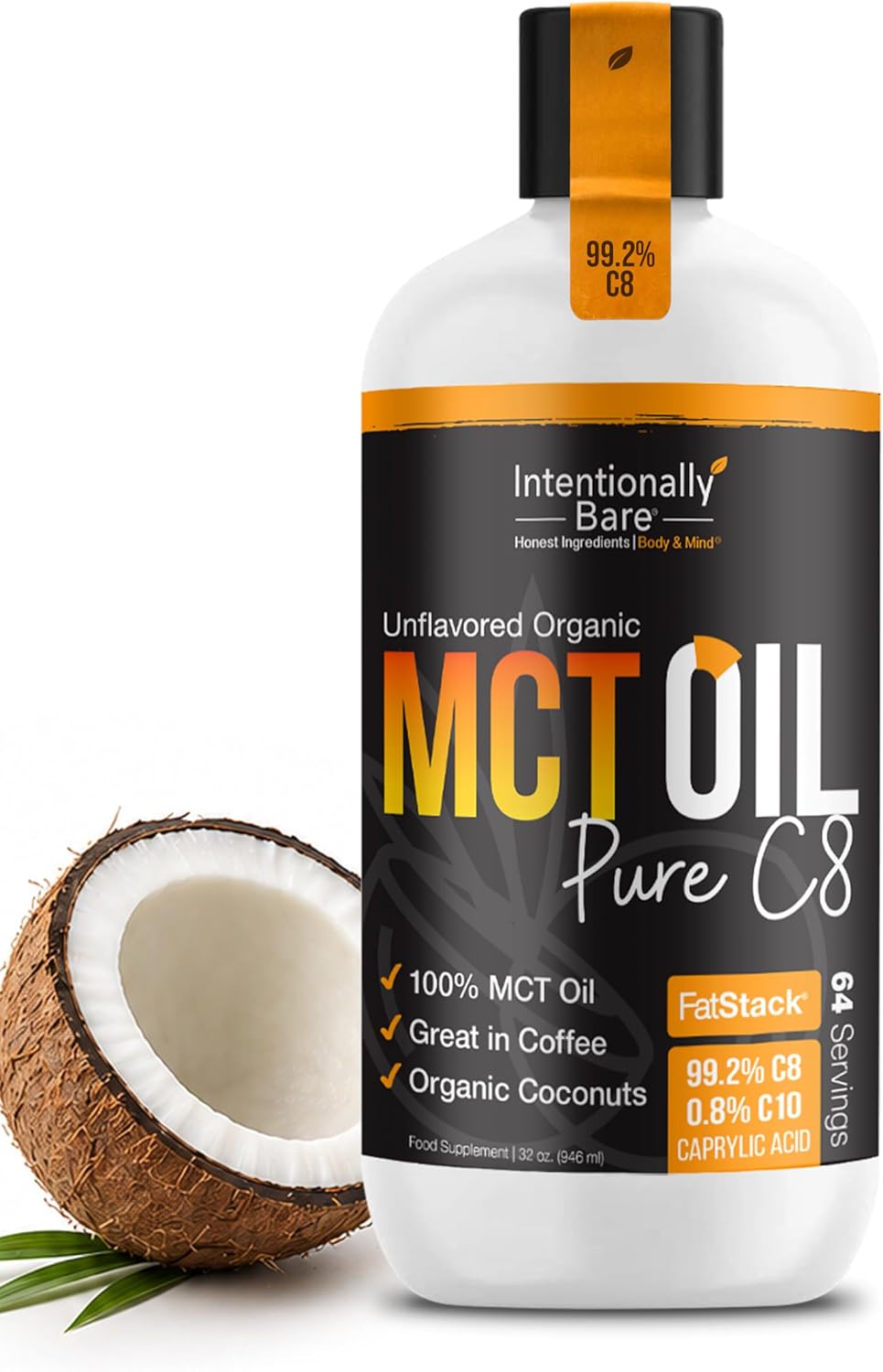 Intentionally Bare Organic C8 MCT Oil - Keto Paleo Vegan - Unflavored 32oz
