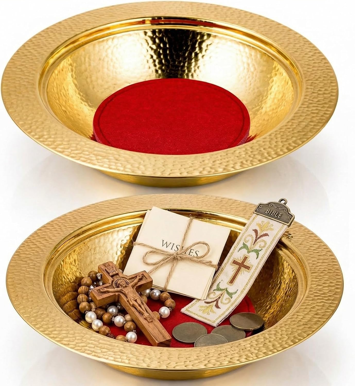 Domensi 2 Pack Communion Offering Plates for Church 10 Inches Stainless Steel Offering Trays with 2 Felt Round Church Collection Plate for First Holy Communion Sunday Worship Religious(Gold)