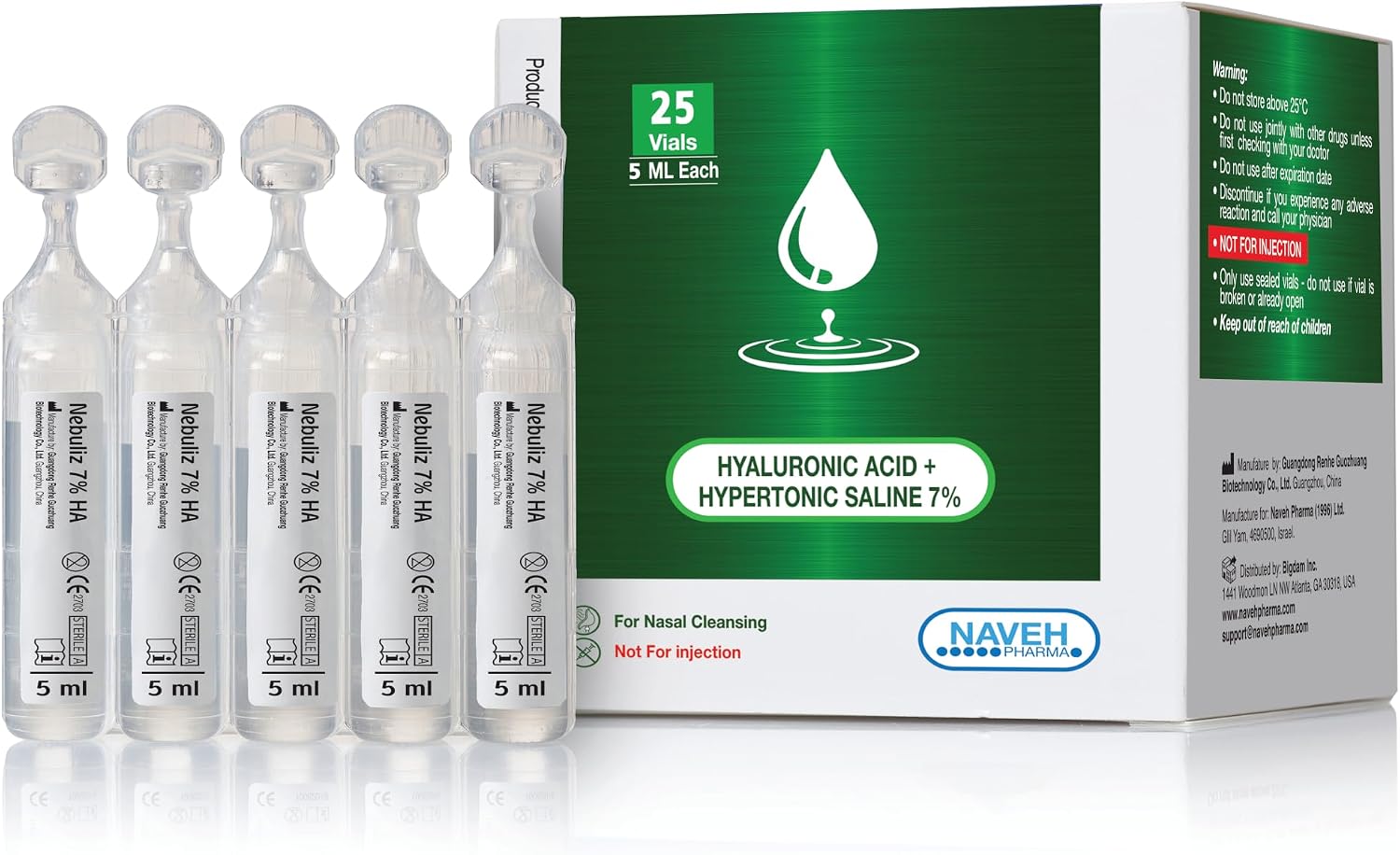 NAVEH PHARMA | Hypertonic Saline Solution 7% + Hyaluronic Acid | Nebulizer Diluent for inhalators and Nasal Irrigation | Helps Clear Congestion from Airways & Lungs (25 Sterile Bullets of 5ml)
