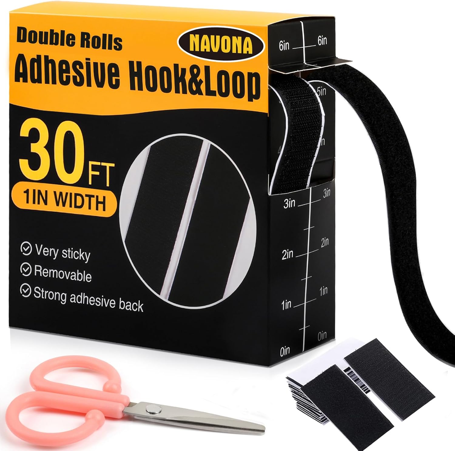 Navona 30Ft x 1 Inch Hook and Loop Strips with Adhesive โ 2 Rolls Heavy Duty Hook and Loop Tape with Backing for Home, Office, School, and Crafting Projects, Black