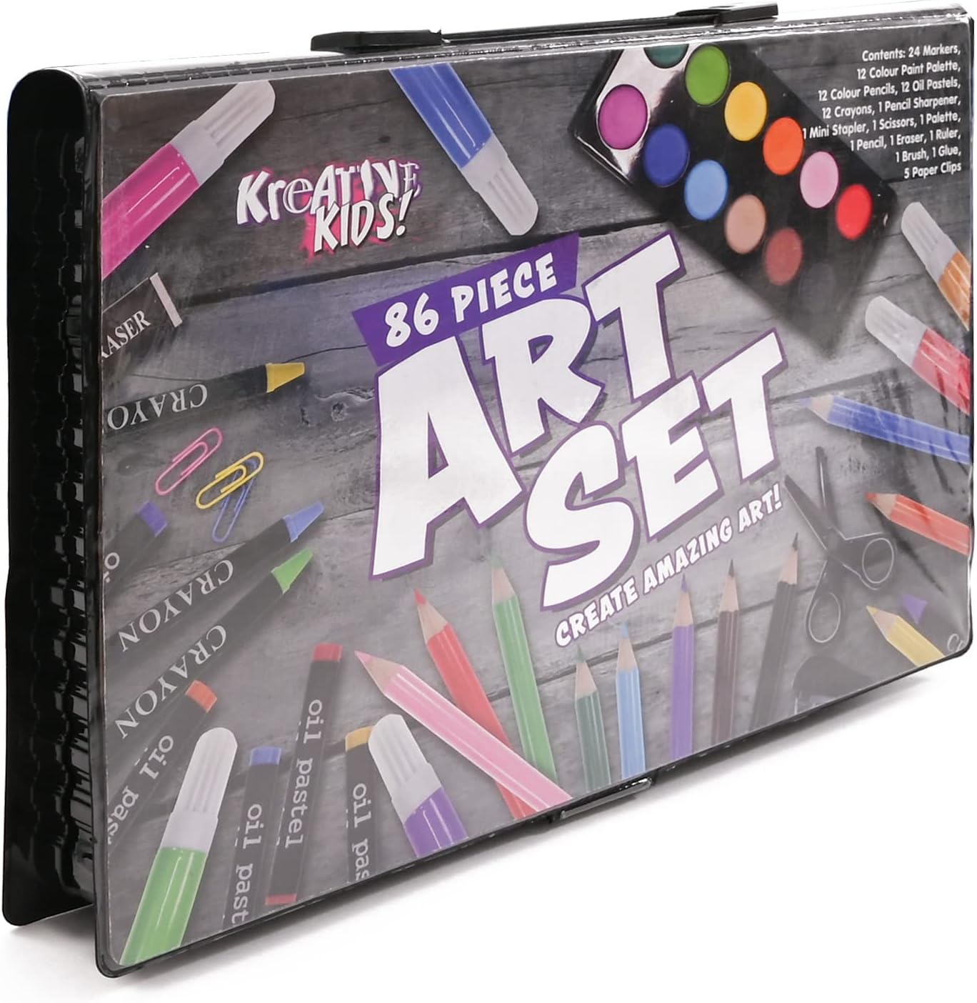 Kreative Kids 86 Piece Craft and Art Set - Kids Colouring Kit with Crayons and Watercolour Paint