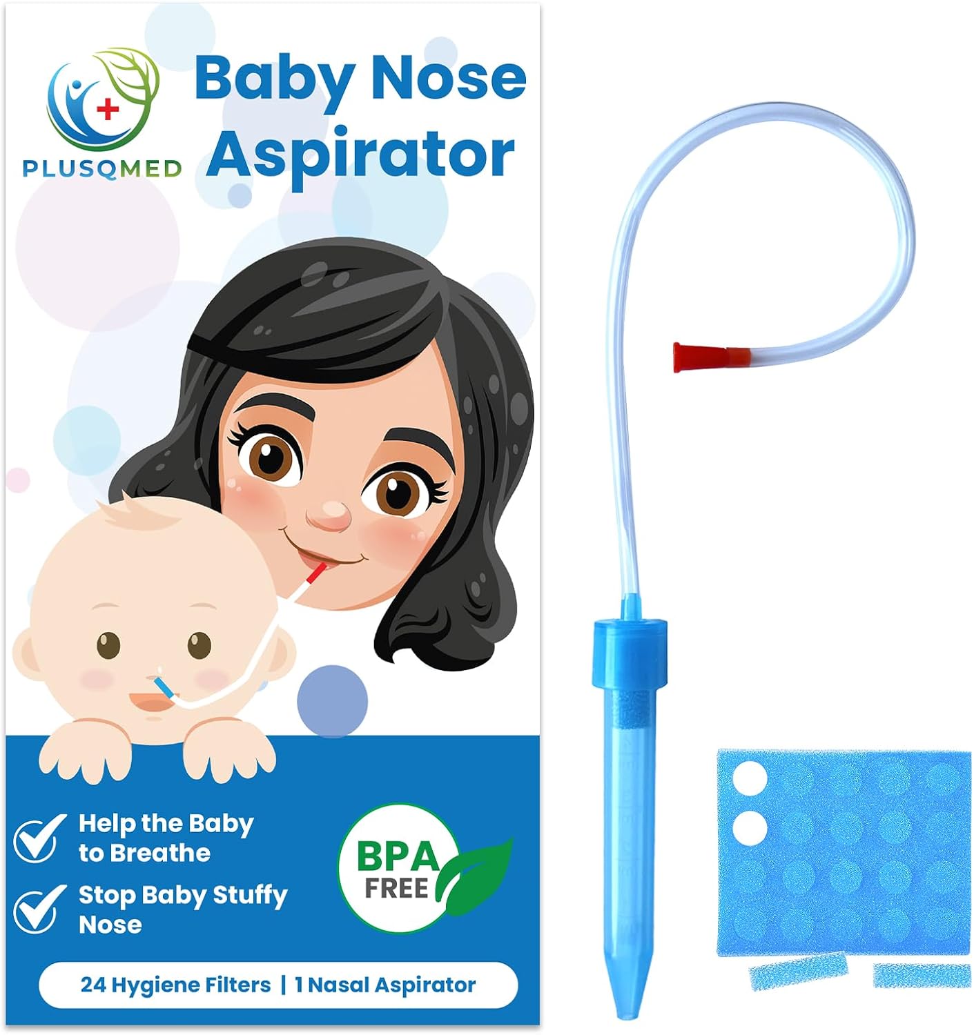 Baby Nasal Aspirator, SnotSucker with 24 Hygiene Filters - Safe & Easy to Clean for Newborns, Infants, Kids - Suction Nose Cleaner,PLUSQMED