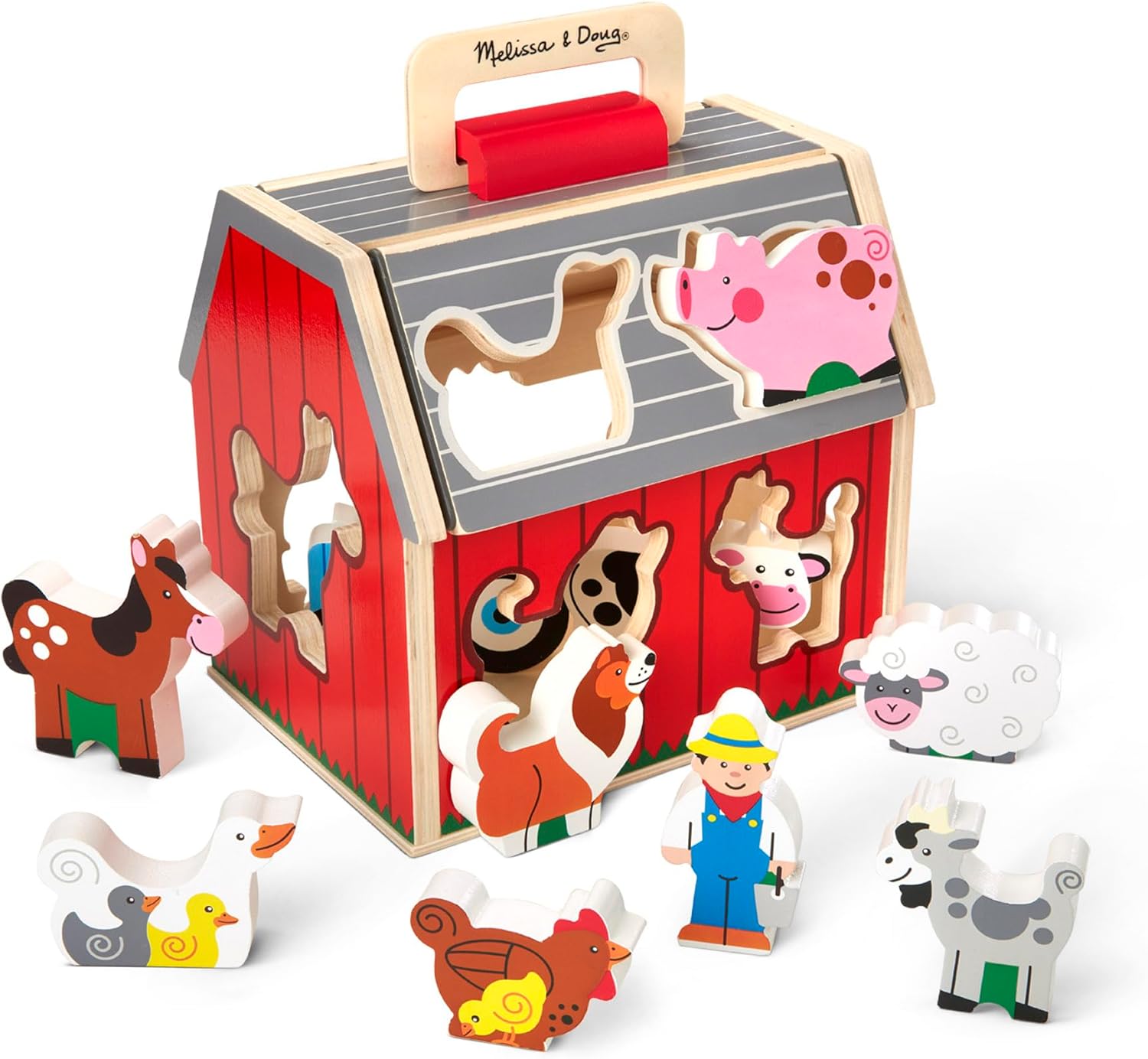 Melissa & Doug Wooden Take-Along Sorting Barn Toy with Flip-Up Roof and Handle 10 Wooden Farm Play Pieces - Farm Toys, Shape Sorting And Stacking Learning Toys For Toddlers And Kids Ages 2+