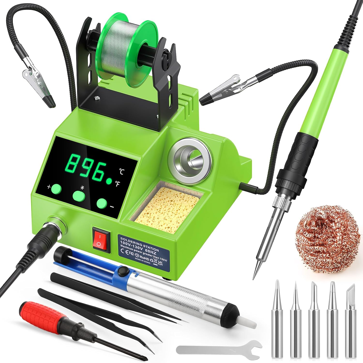 Soldering Station, 100W Digital Display Soldering Iron Station Kit with 2 Helping Hands, 356°F - 896°F, Auto Sleep, °C/°F Conversion, Solder Wire, Tips, Stand, Pump, Tweezers, Tip Cleaner, Green