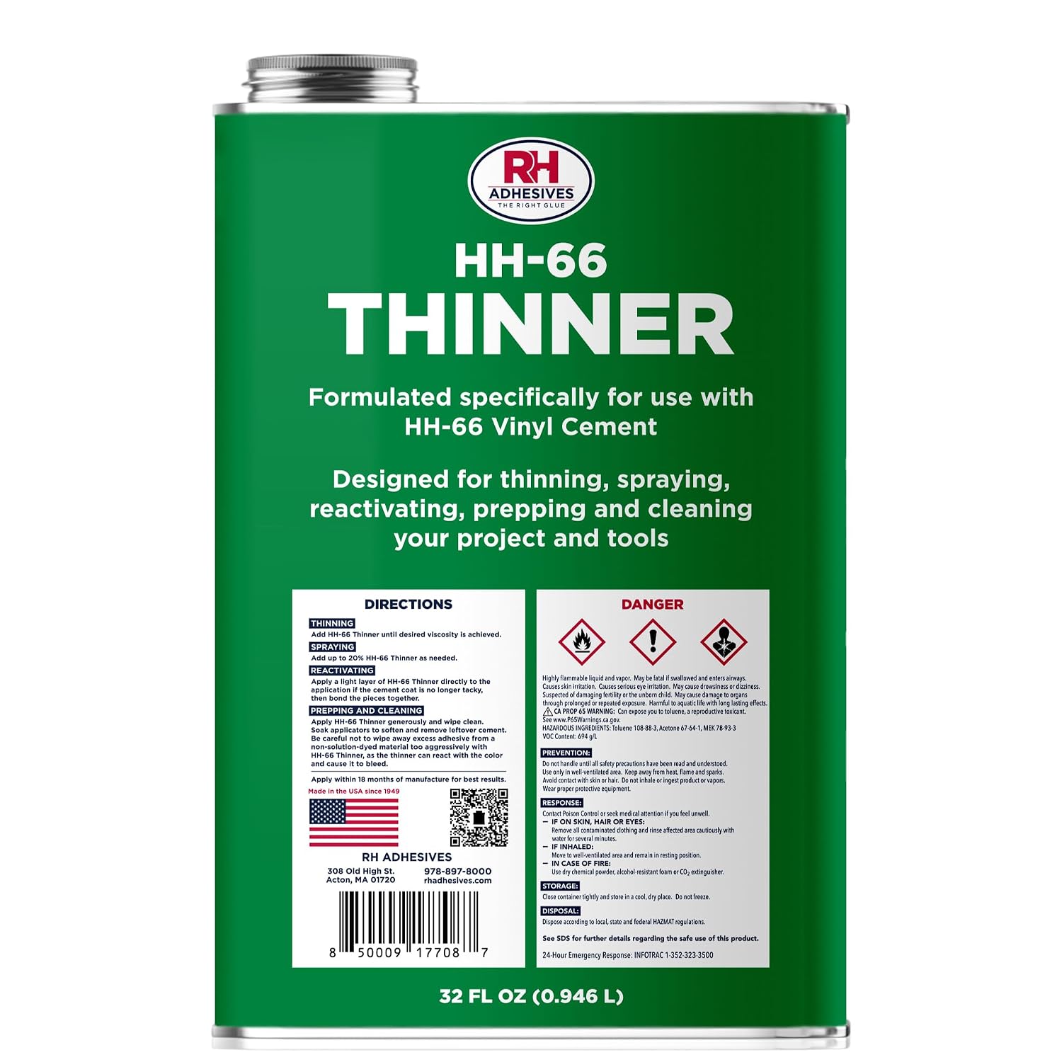 HH-66 Thinner, 32 oz. can - Prepping, Thinning, Reactivating, Cleaning, Multi-Purpose, Compatible with HH-66 Vinyl Cement - RH Adhesives