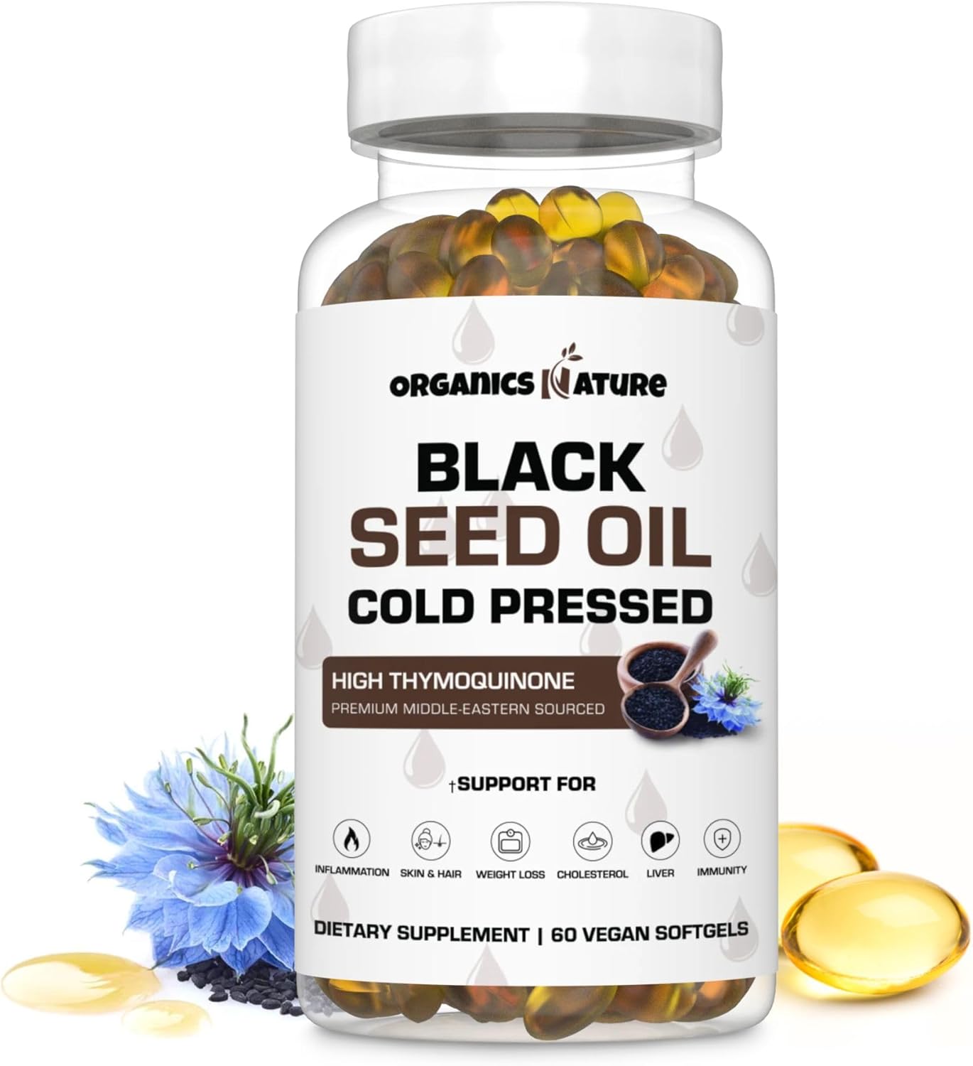 ORGANICS NATURE Black Seed Oil Capsules 1000MG Vegan Softgels, for Hair & Skin, Heart Support, Nigella Sativa - 100% Cold Pressed Cumin Seed Oil Capsules High Thymoquinone, Omega 3s