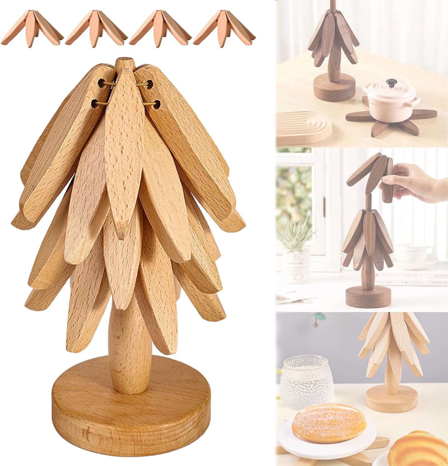 Treevet Coaster Set, Wooden Tree Coasters, Wooden Tree Coaster Set, Foldable Wooden Coasters for Hot Dishes, Wooden Coasters, Table Mat Set (4 Wooden Coasters+1 Stand, Wood Color)