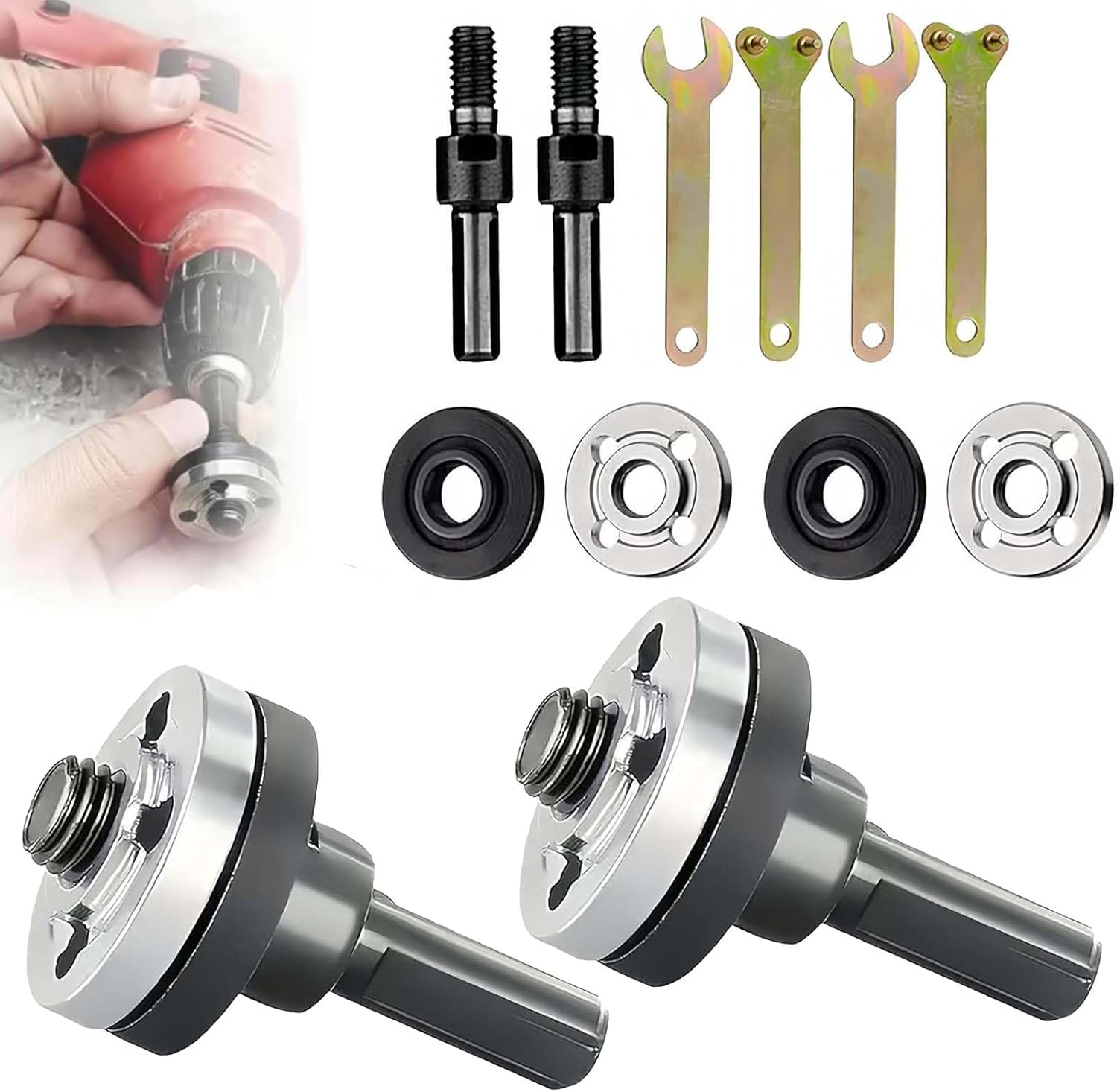 Electric Drill Angle Grinder Connecting Rod Set, 2025 New Angle Grinder Tool Drill Arbor Mandrel Adaptor with Replacement Grinders Flange Nuts and Spanner Wrench Conversion Tool (10Pcs)