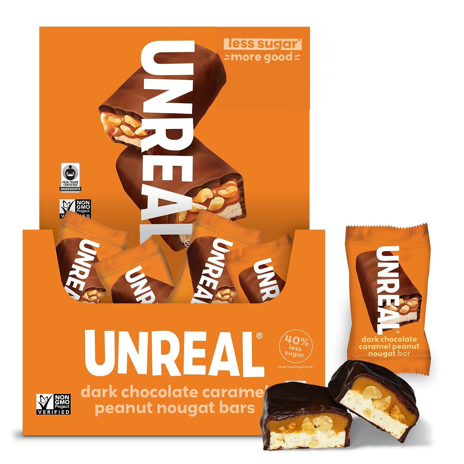 UNREAL Dark Chocolate Caramel Peanut Nougat Bars, 30 Individually Wrapped | Chewy caramel, organic peanuts and nougat in rich dark chocolate with only 6g sugar, gluten free and simple ingredients.