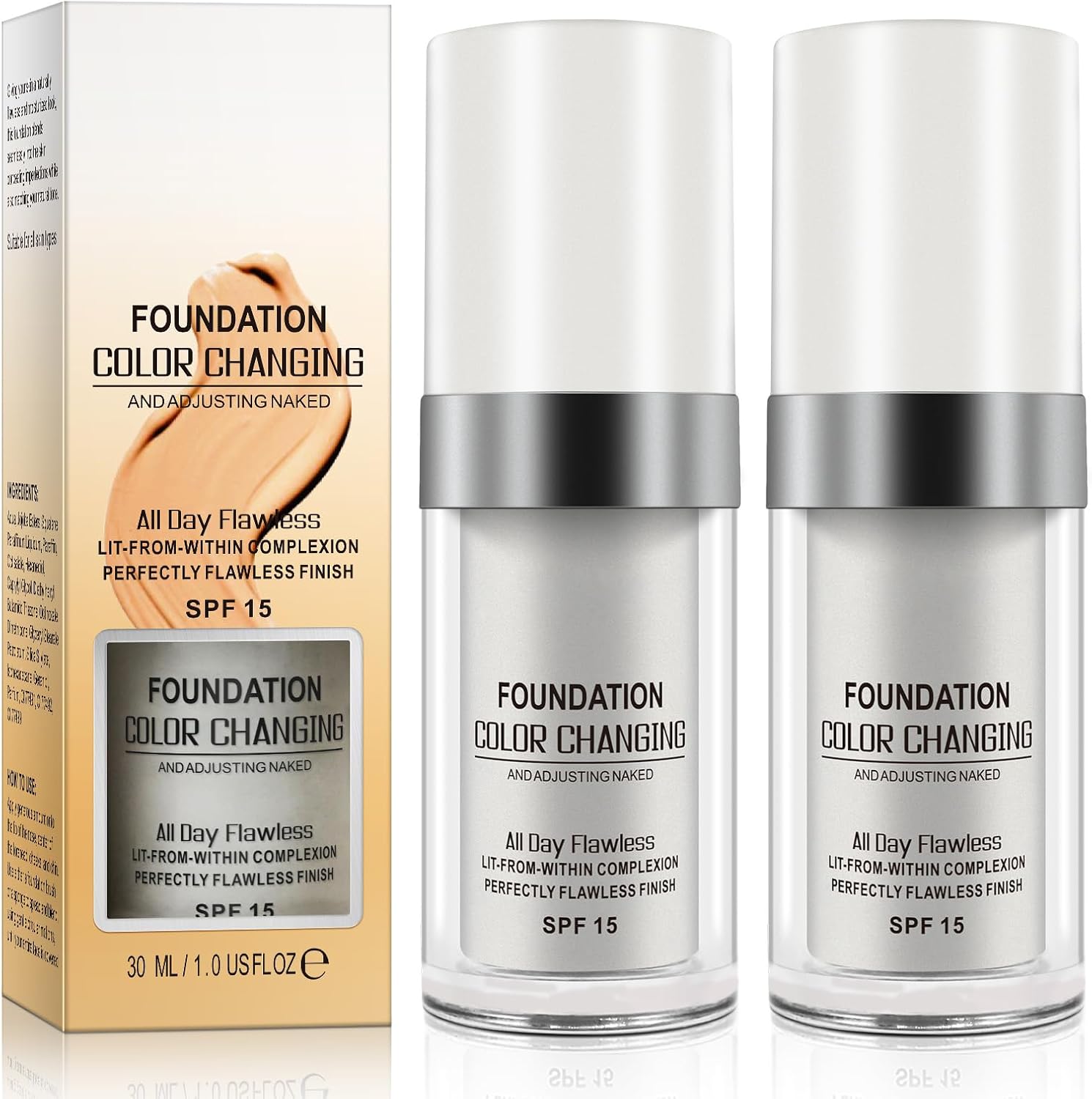 2 Pcs Colour Changing Foundation For Aging Skin, Covers Naturally Lotion Makeup Base, Sunscreen Foundation, Moisturizing Full Foundation that Smoothes Skin and Soft Glow for All Skin Types - 30ml